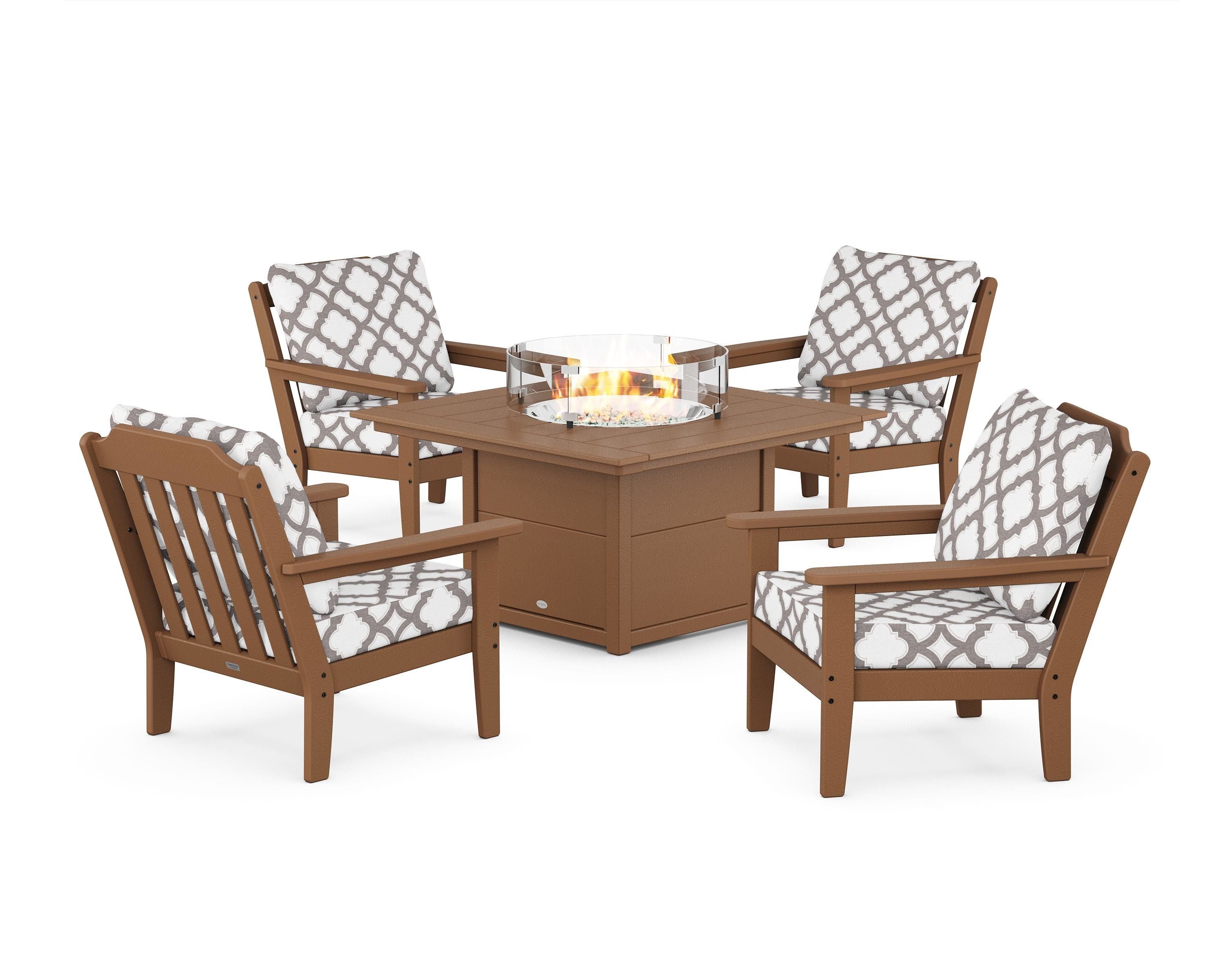 Country Living Cottage 5-Piece Deep Seating Set with Fire Pit Table in Teak / Trellis Grey Mist