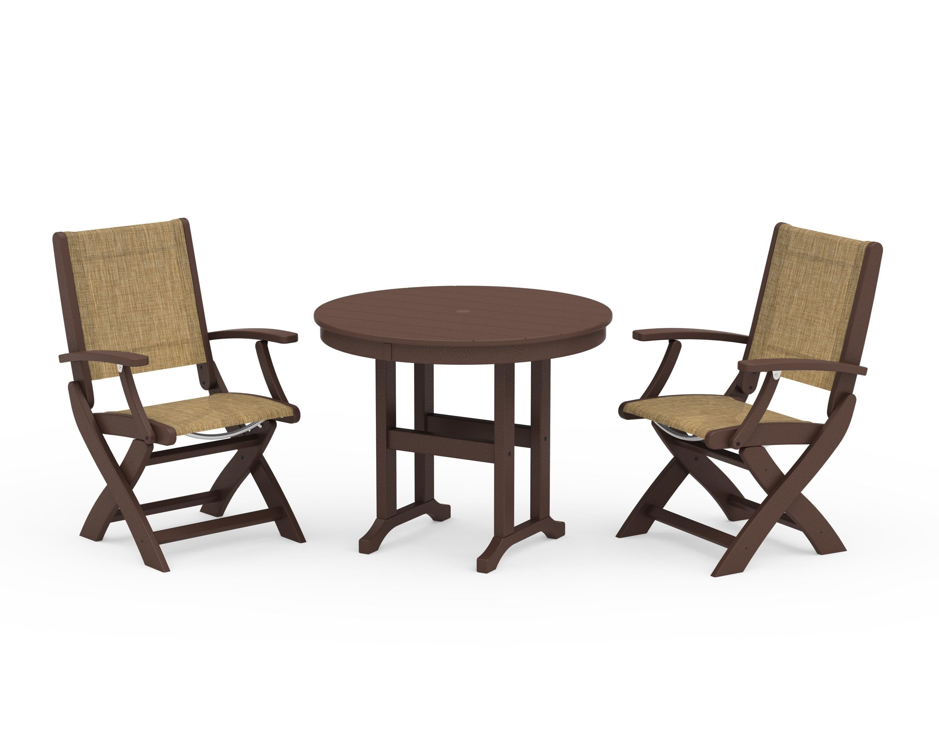 POLYWOOD® Coastal Folding Chair 3-Piece Round Dining Set in Mahogany / Burlap Sling