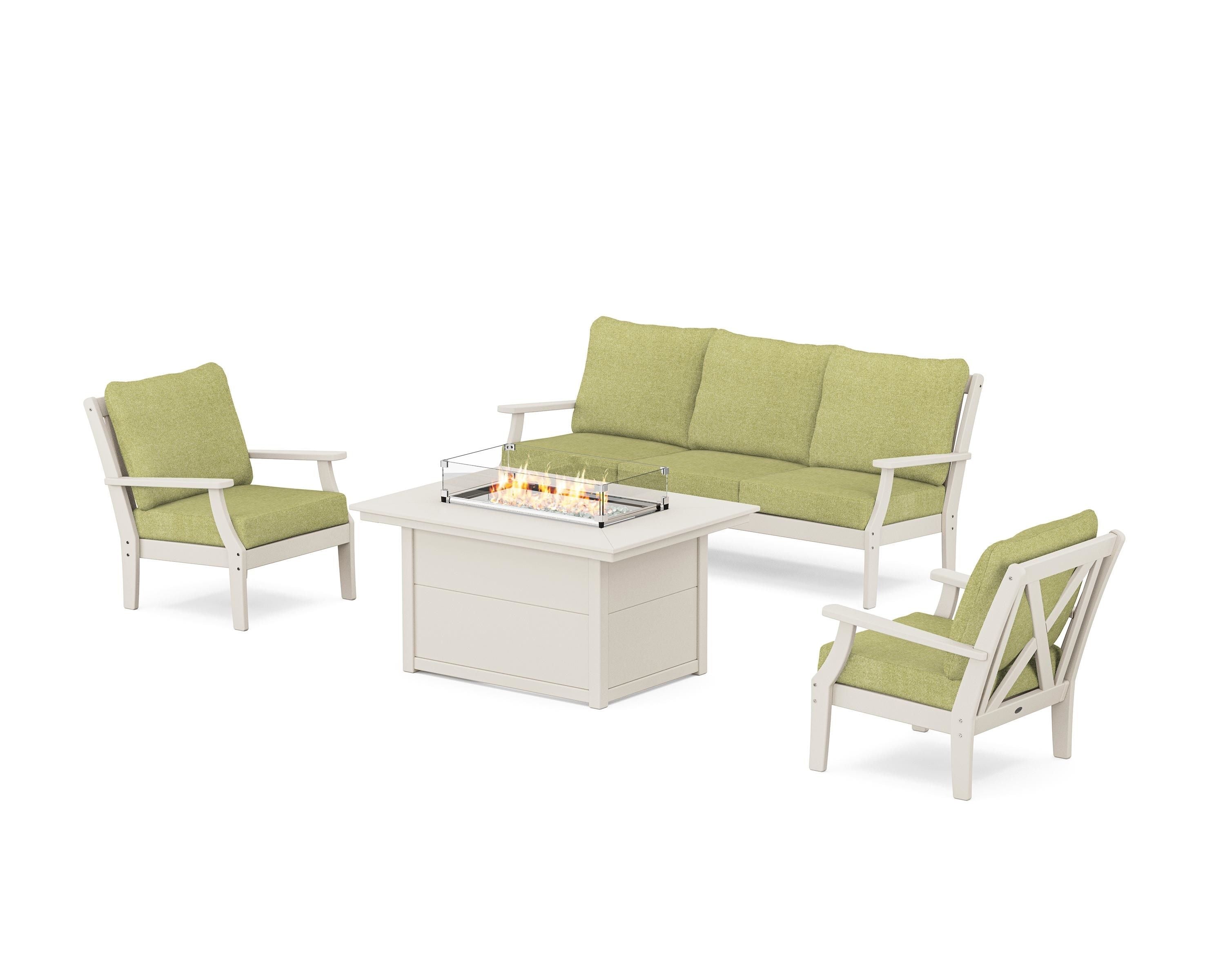 POLYWOOD® Braxton Deep Seating Fire Pit Table Set in Sand / Chartreuse Boucle