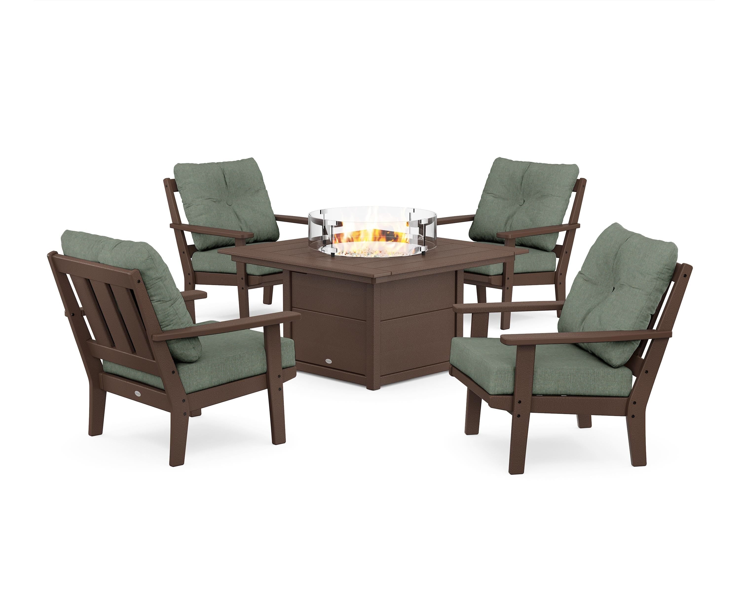 POLYWOOD® Oxford 5-Piece Deep Seating Set with Fire Pit Table in Mahogany / Cast Sage