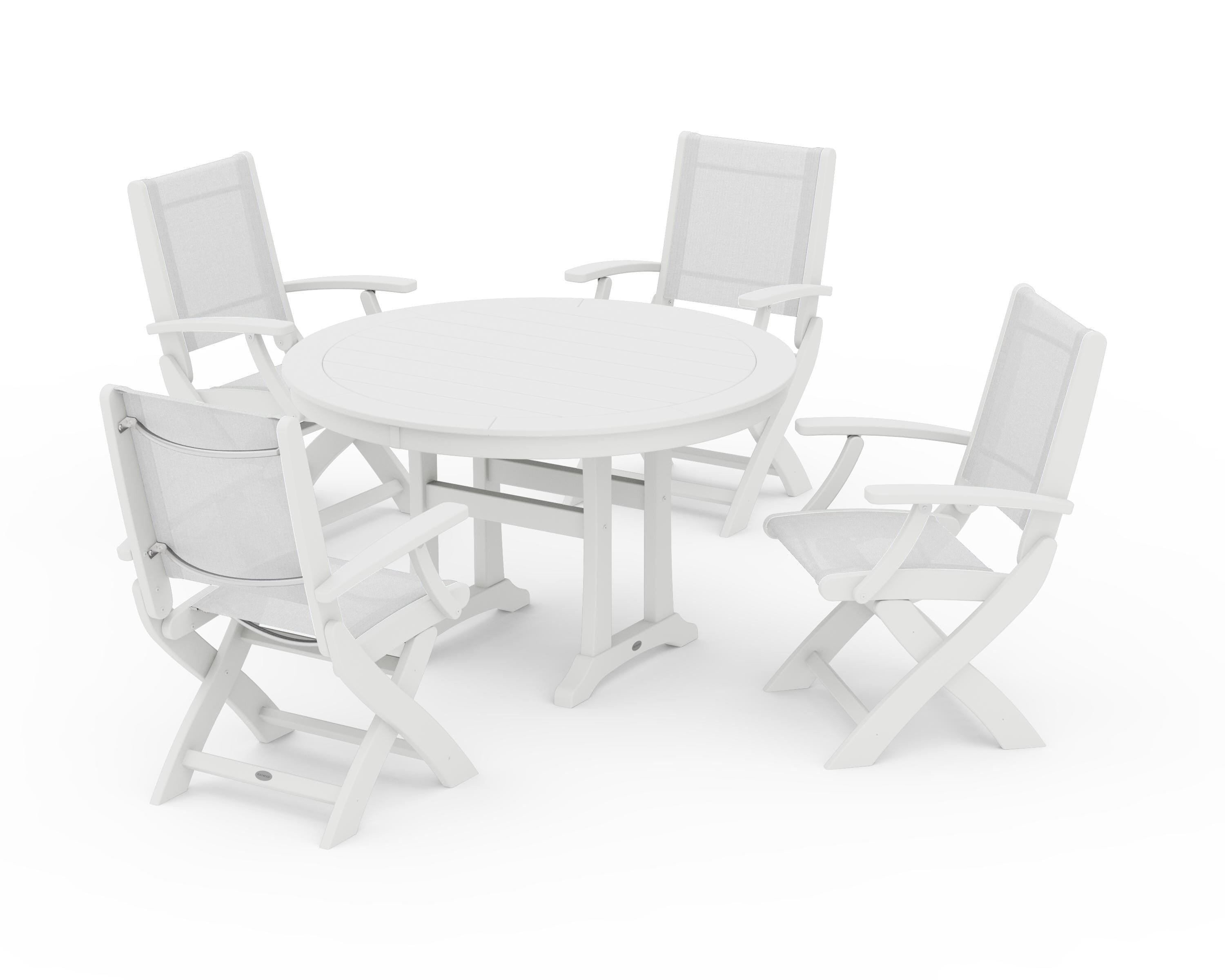 POLYWOOD® Coastal Folding Chair 5-Piece Round Dining Set with Trestle Legs in White / White Sling