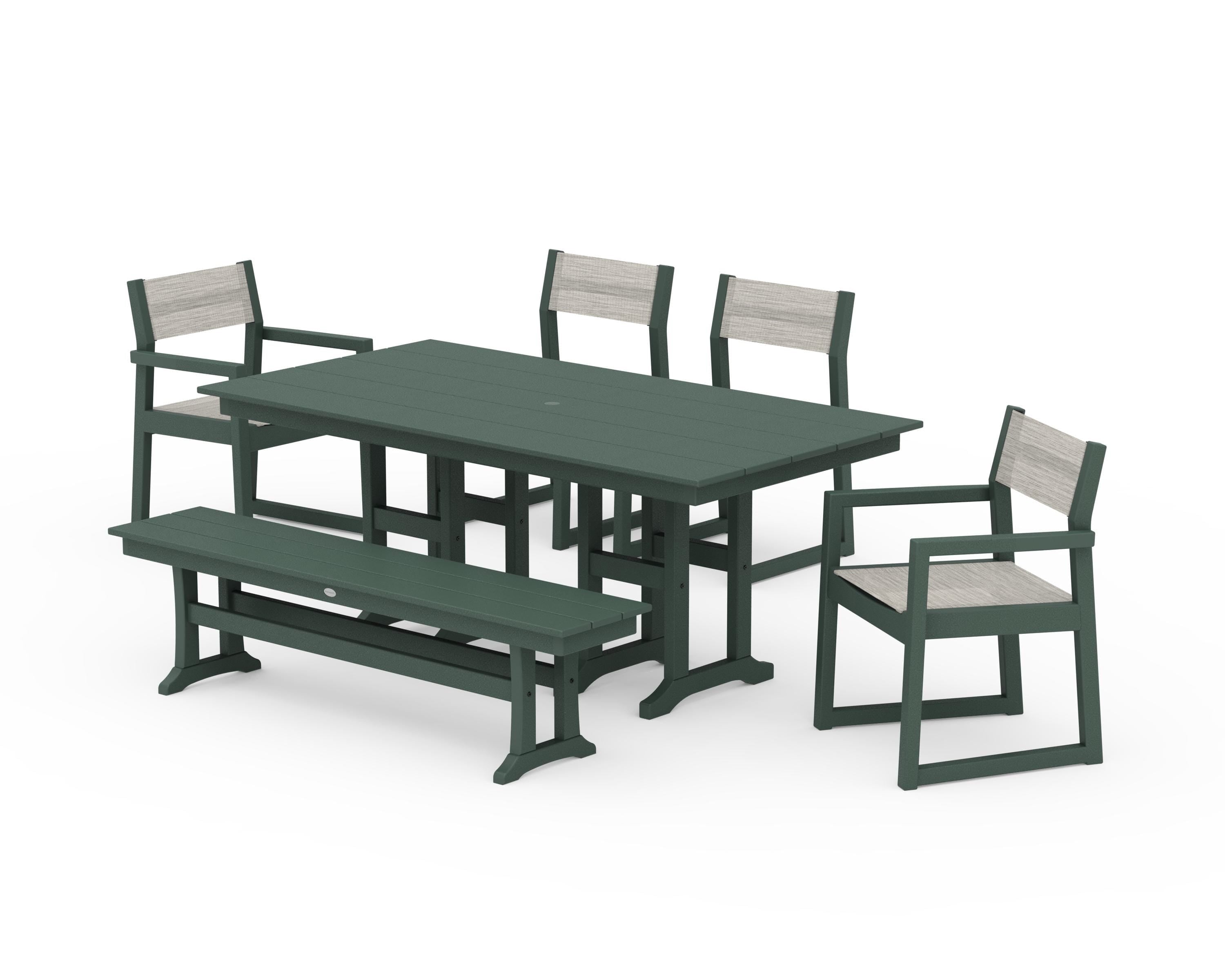 POLYWOOD® EDGE Sling 6-Piece Farmhouse Dining Set in Green / Birch Sling