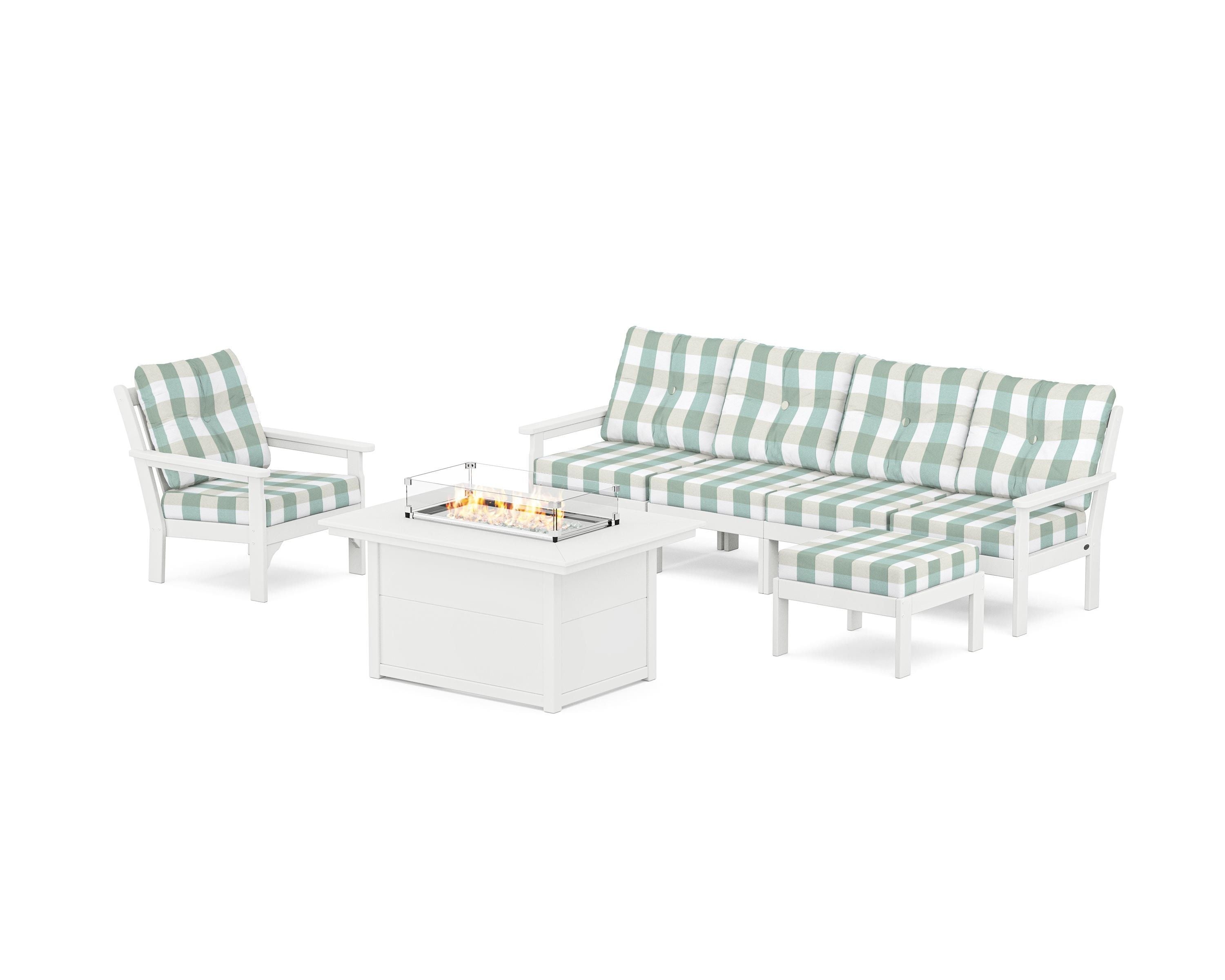 POLYWOOD® Vineyard Sectional Lounge and Fire Pit Set in White / Buffalo Plaid Glacier Spa