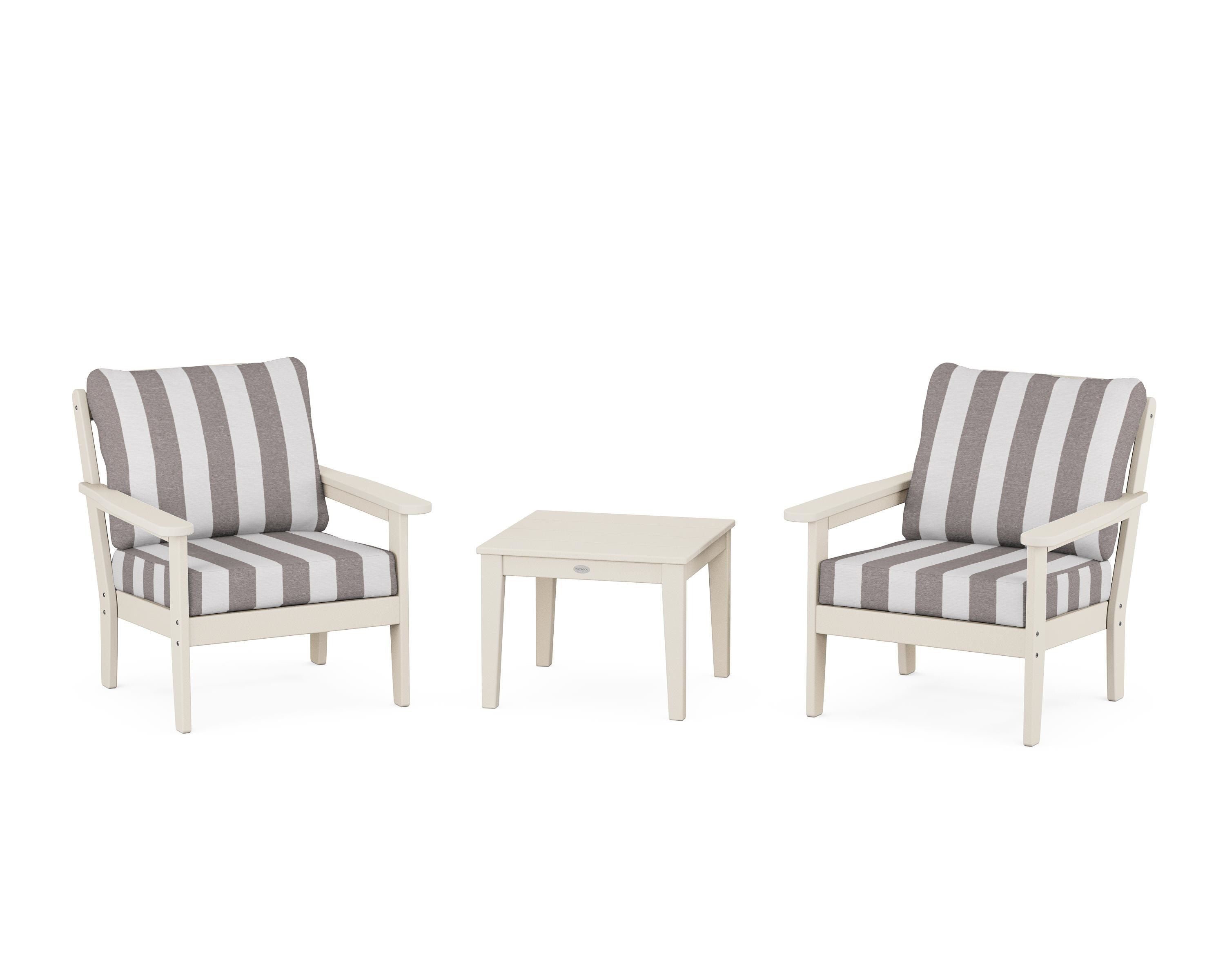 Country Living Cottage 3-Piece Deep Seating Set in Sand / Cabana Stripe Grey Mist
