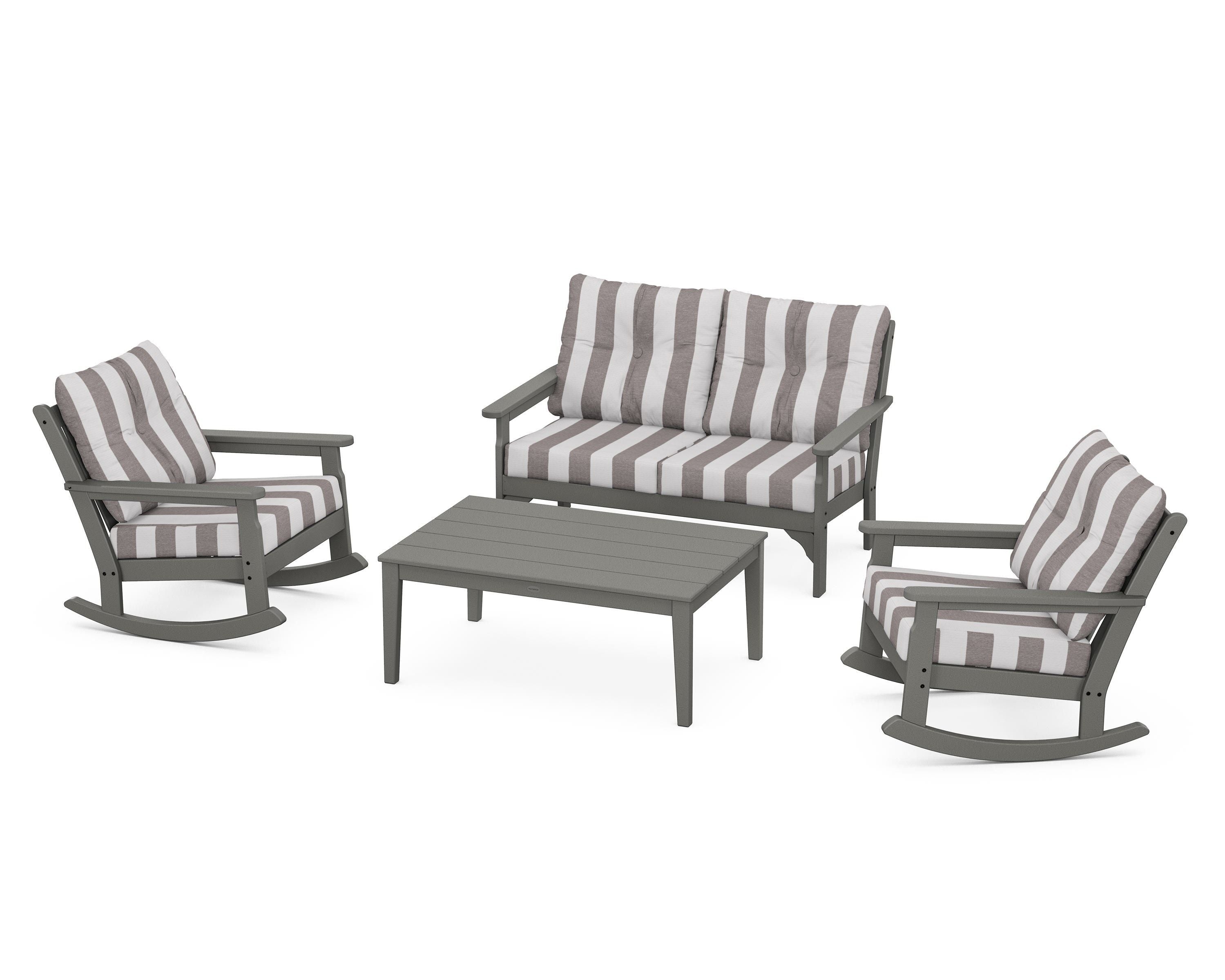 POLYWOOD® Vineyard 4-Piece Deep Seating Rocking Chair Set in Slate Grey / Cabana Stripe Grey Mist