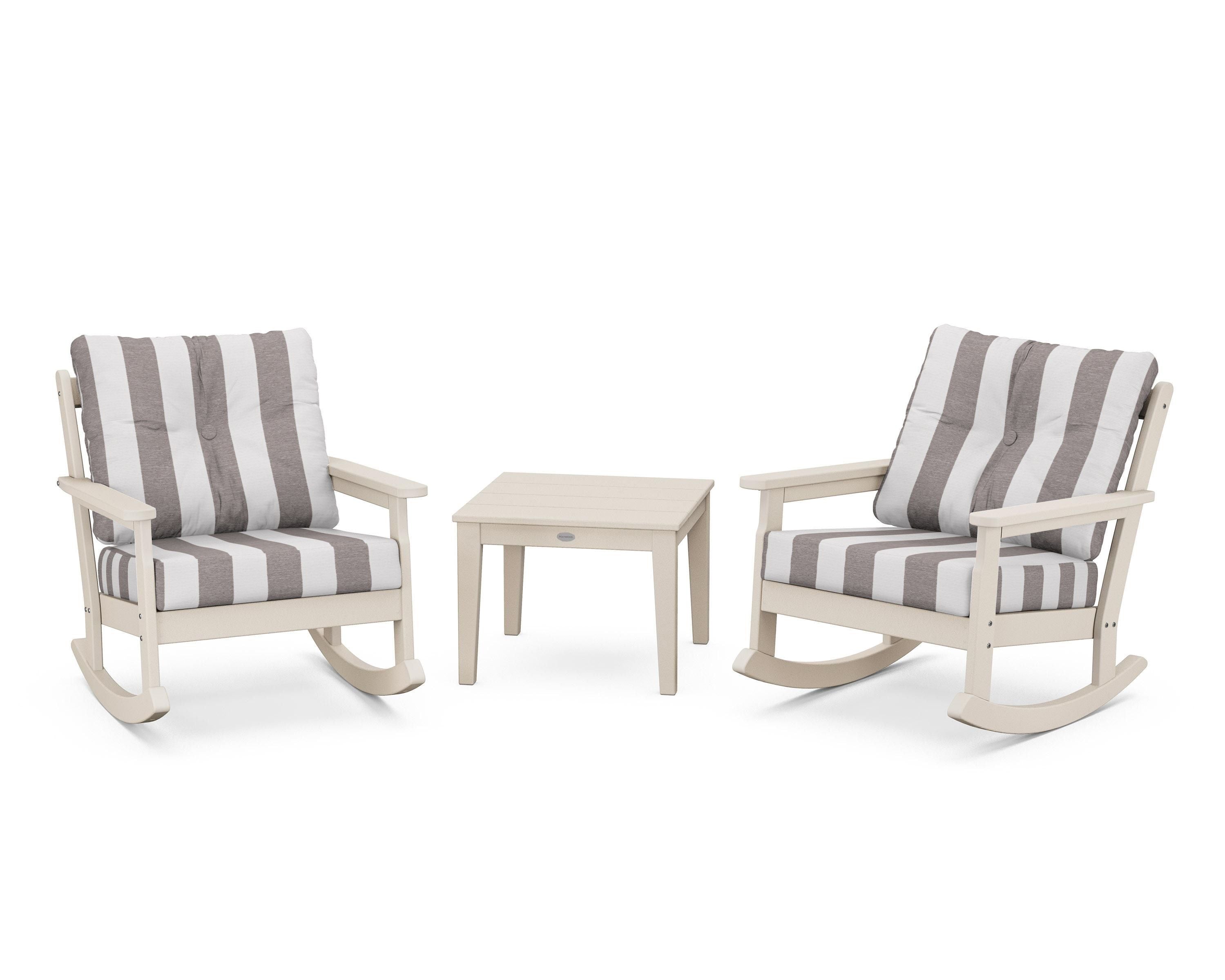 POLYWOOD® Vineyard 3-Piece Deep Seating Rocker Set in Sand / Cabana Stripe Grey Mist