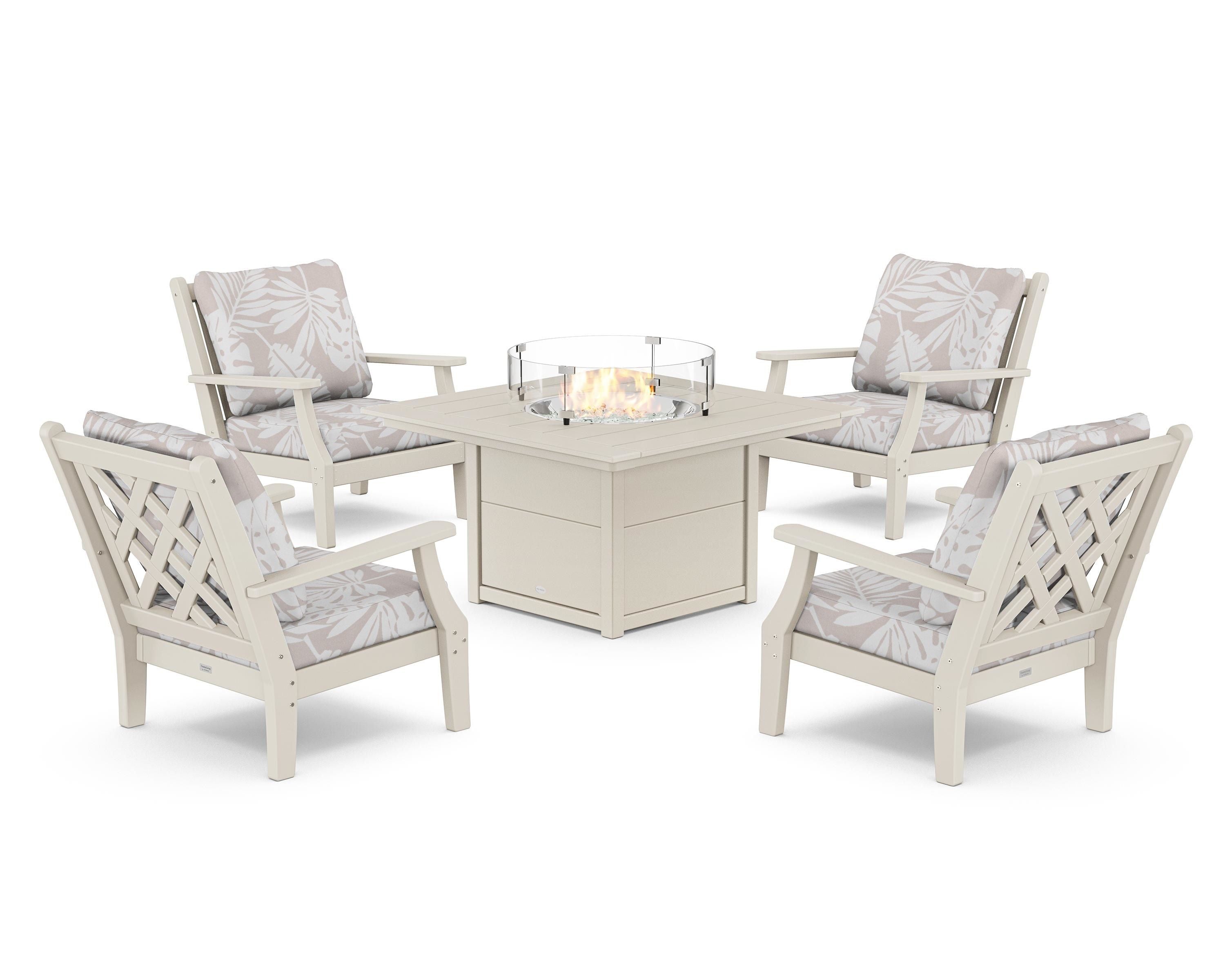 Country Living Wovendale 5-Piece Deep Seating Set with Fire Pit Table in Sand / Leaf Dune Burlap