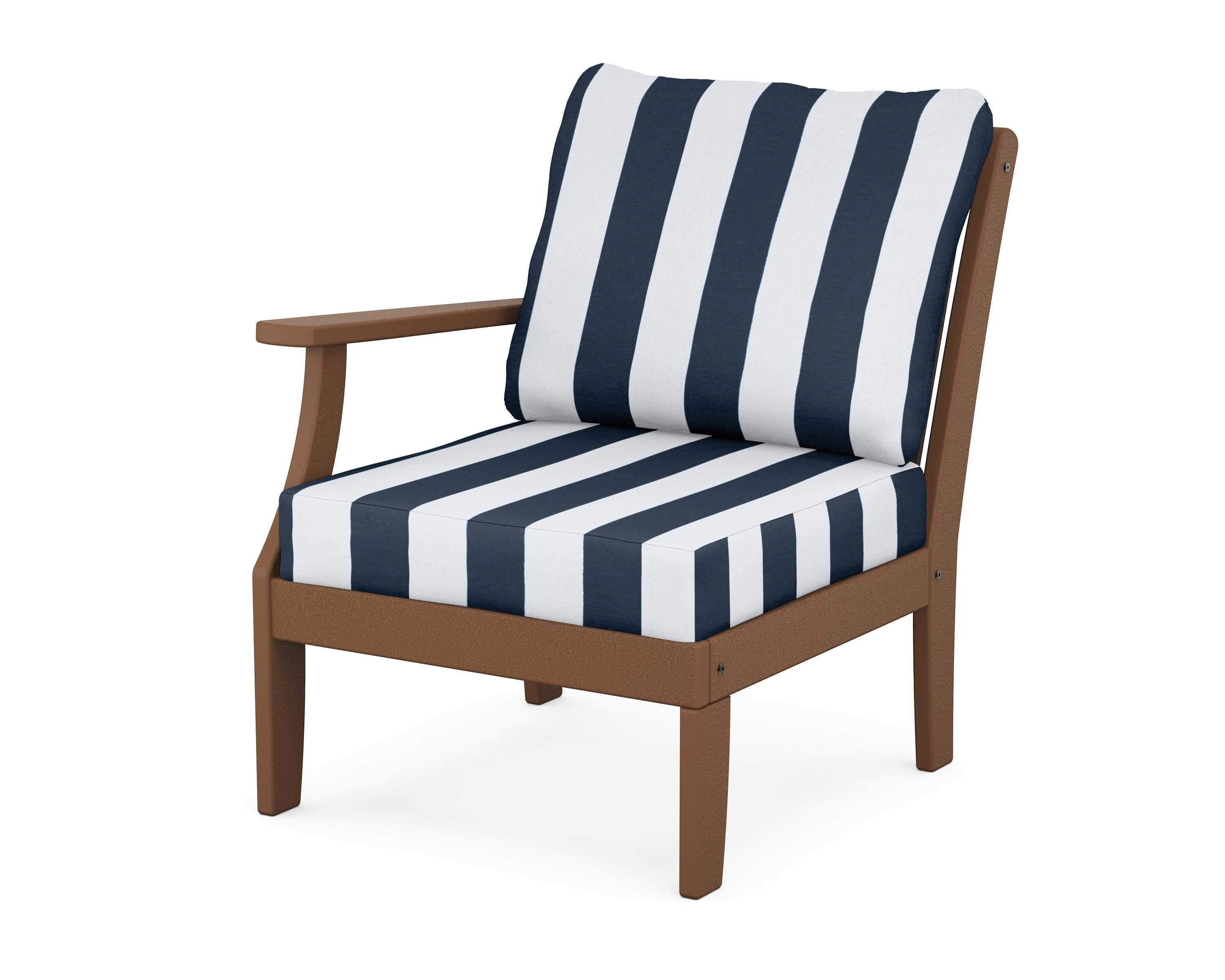 POLYWOOD® Braxton Modular Left Arm Chair in Teak / Cabana Stripe Marine Indigo