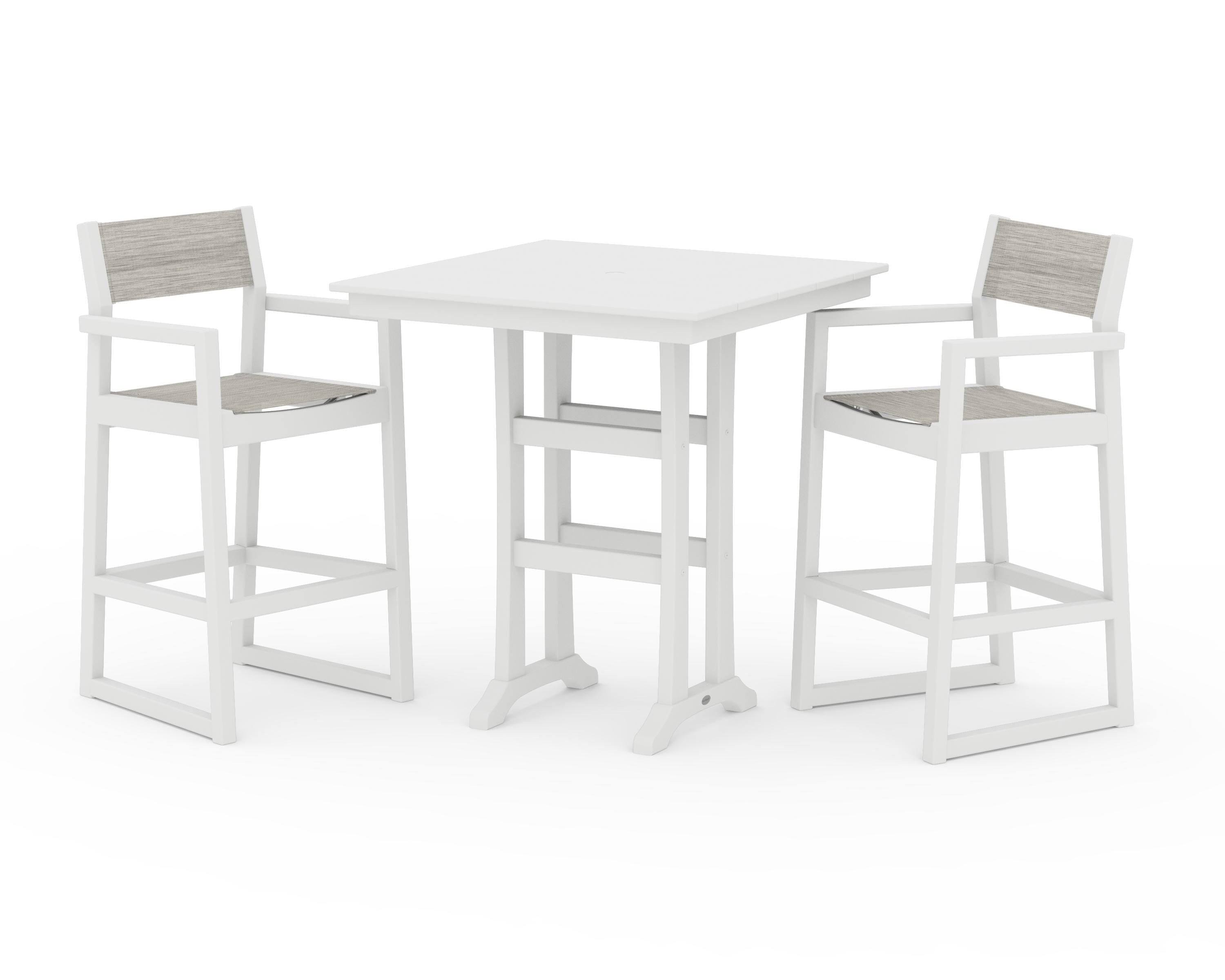 POLYWOOD® EDGE Sling Arm Chair 3-Piece Farmhouse Bar Set with Trestle Legs in White / Birch Sling