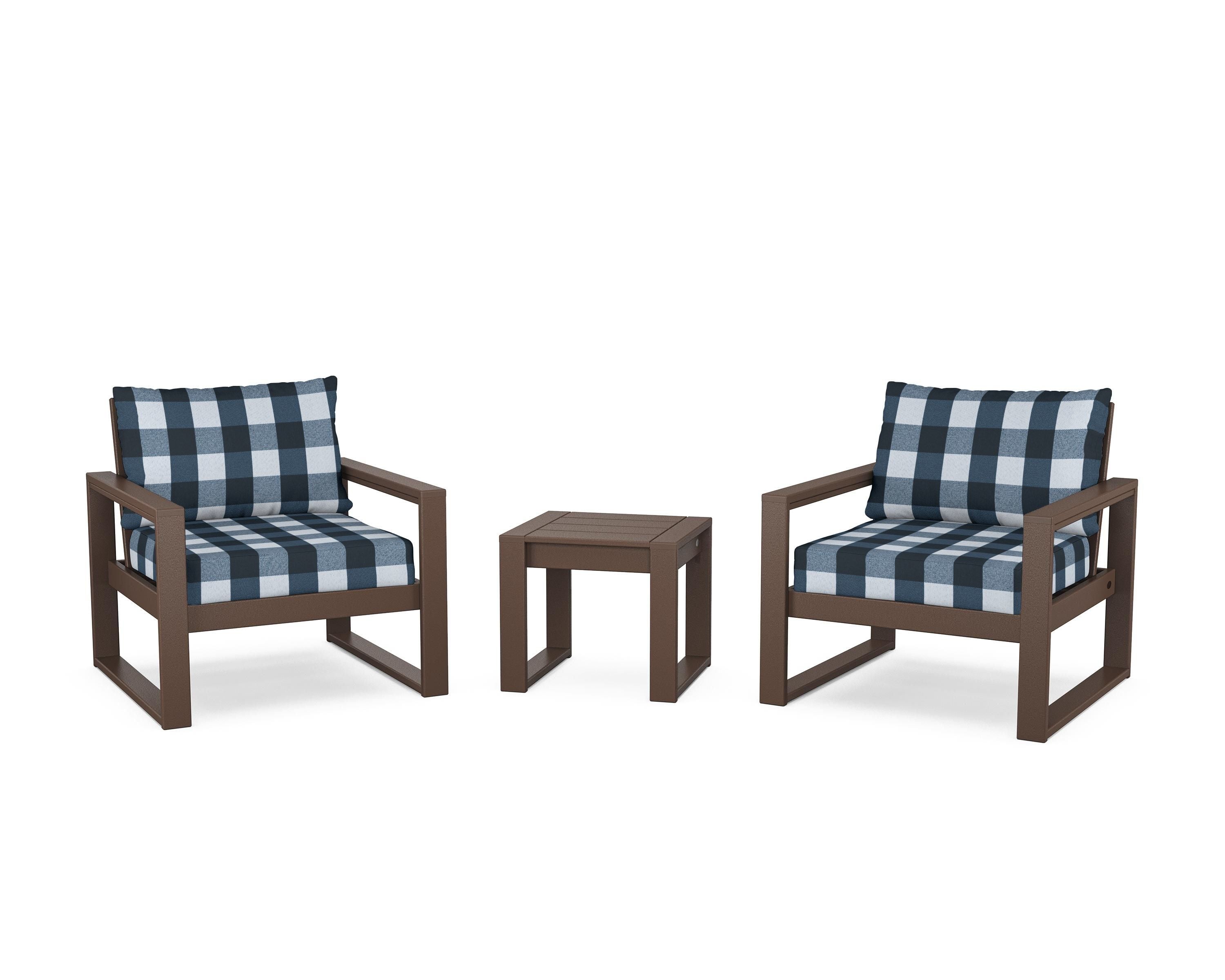 POLYWOOD® EDGE Sectional 3-Piece Deep Seating Set in Mahogany / Buffalo Plaid Marine Indigo