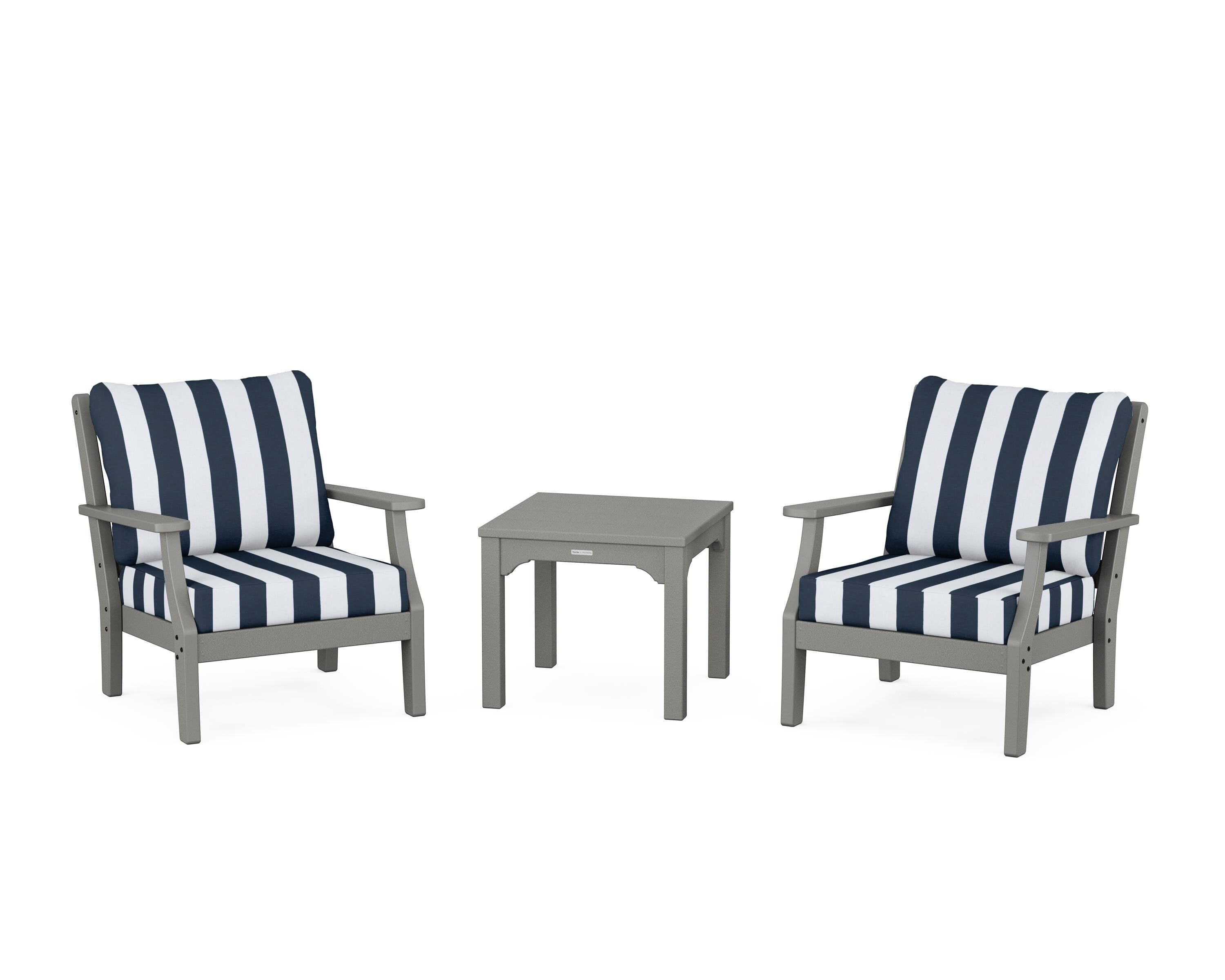 Martha Stewart by POLYWOOD® Chinoiserie 3-Piece Deep Seating Set in Slate Grey / Cabana Stripe Marine Indigo