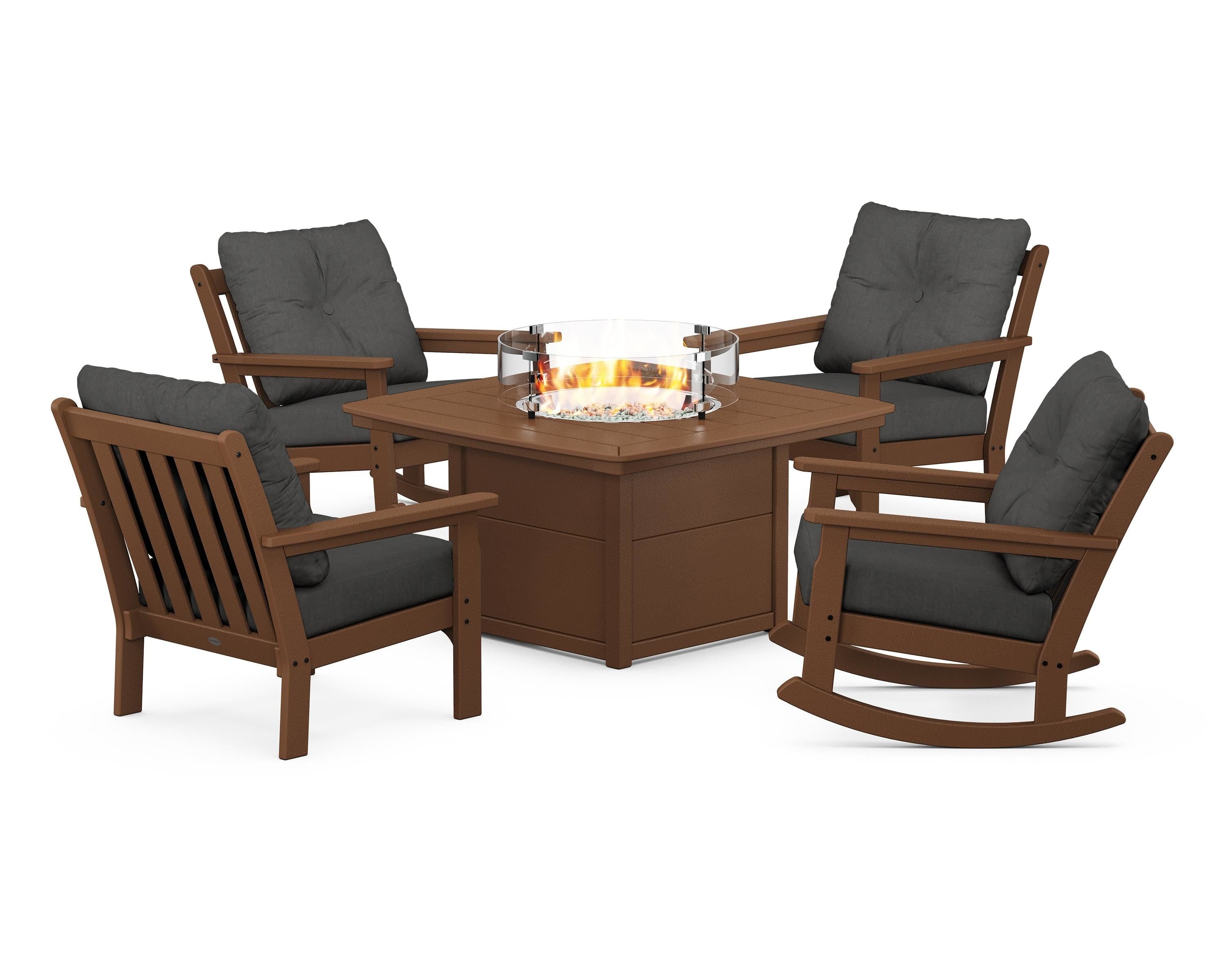POLYWOOD® Vineyard 5-Piece Deep Seating Rocking Chair Conversation Set with Fire Pit Table in Teak / Spectrum Carbon