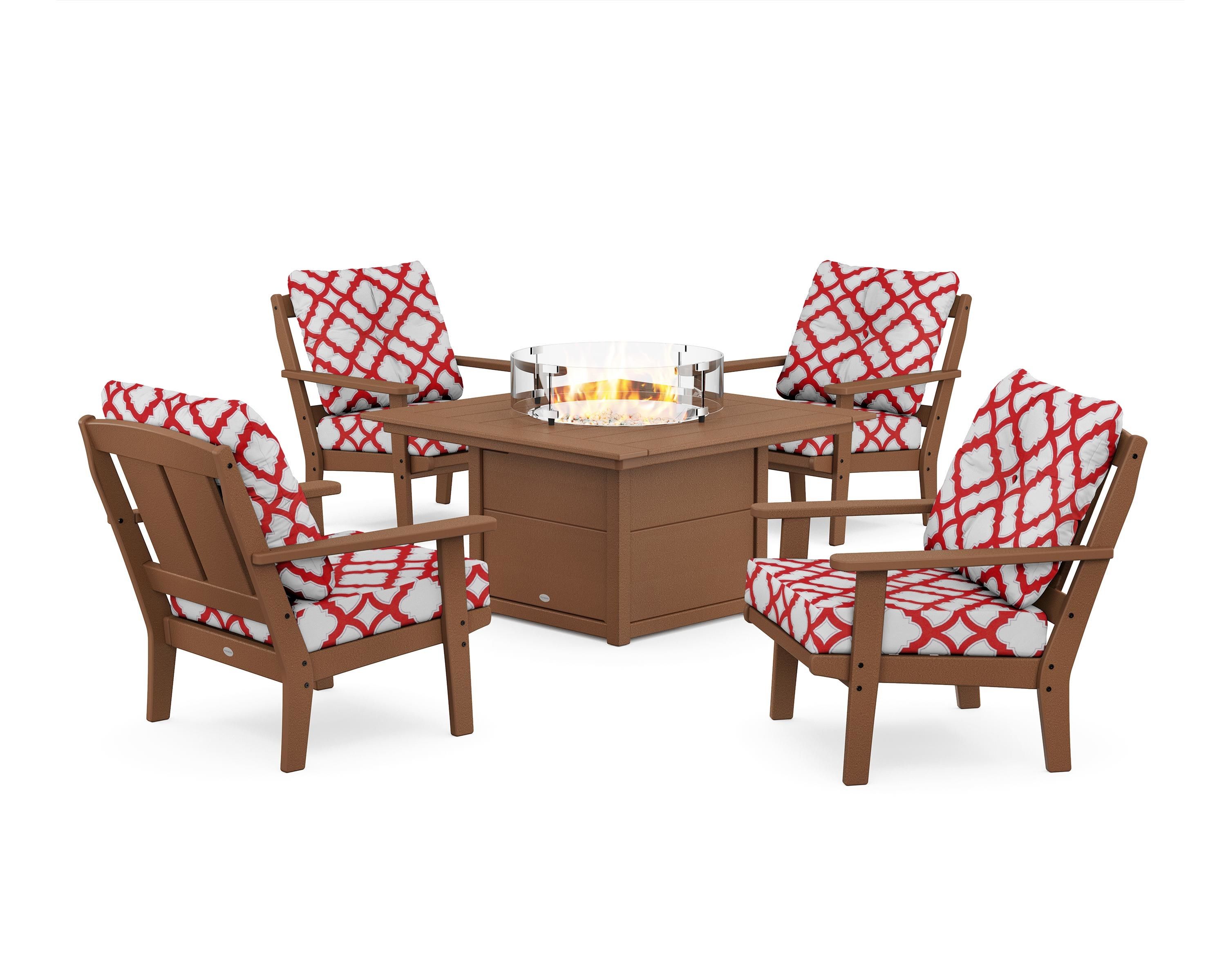 POLYWOOD® Mission 5-Piece Deep Seating Set with Fire Pit Table in Teak / Trellis Crimson
