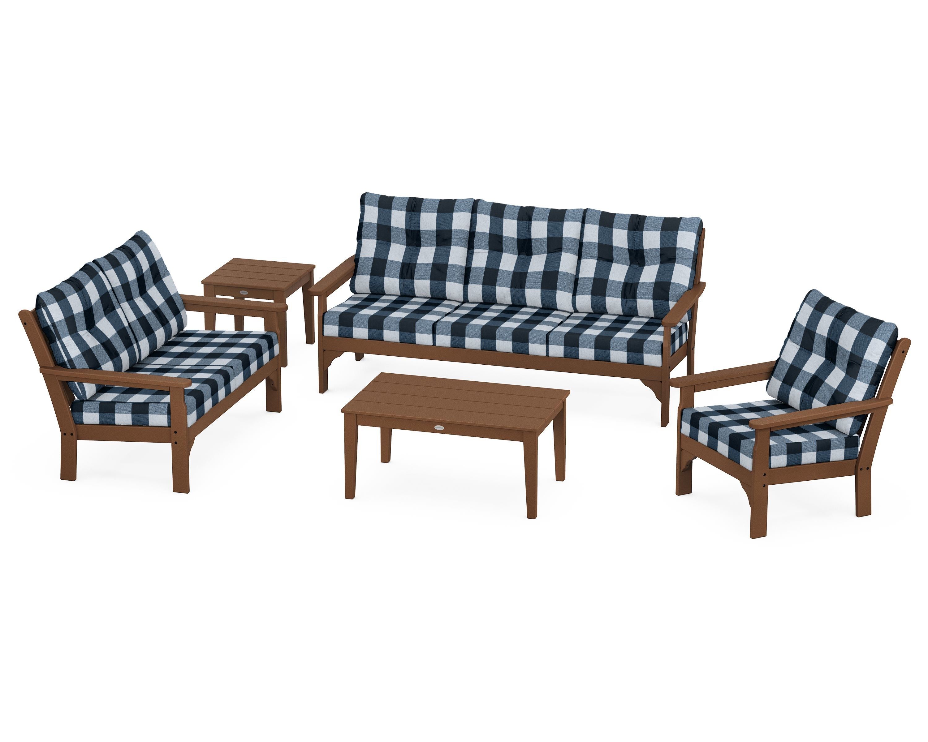 POLYWOOD® Vineyard 5 Piece Deep Seating Set in Teak / Buffalo Plaid Marine Indigo