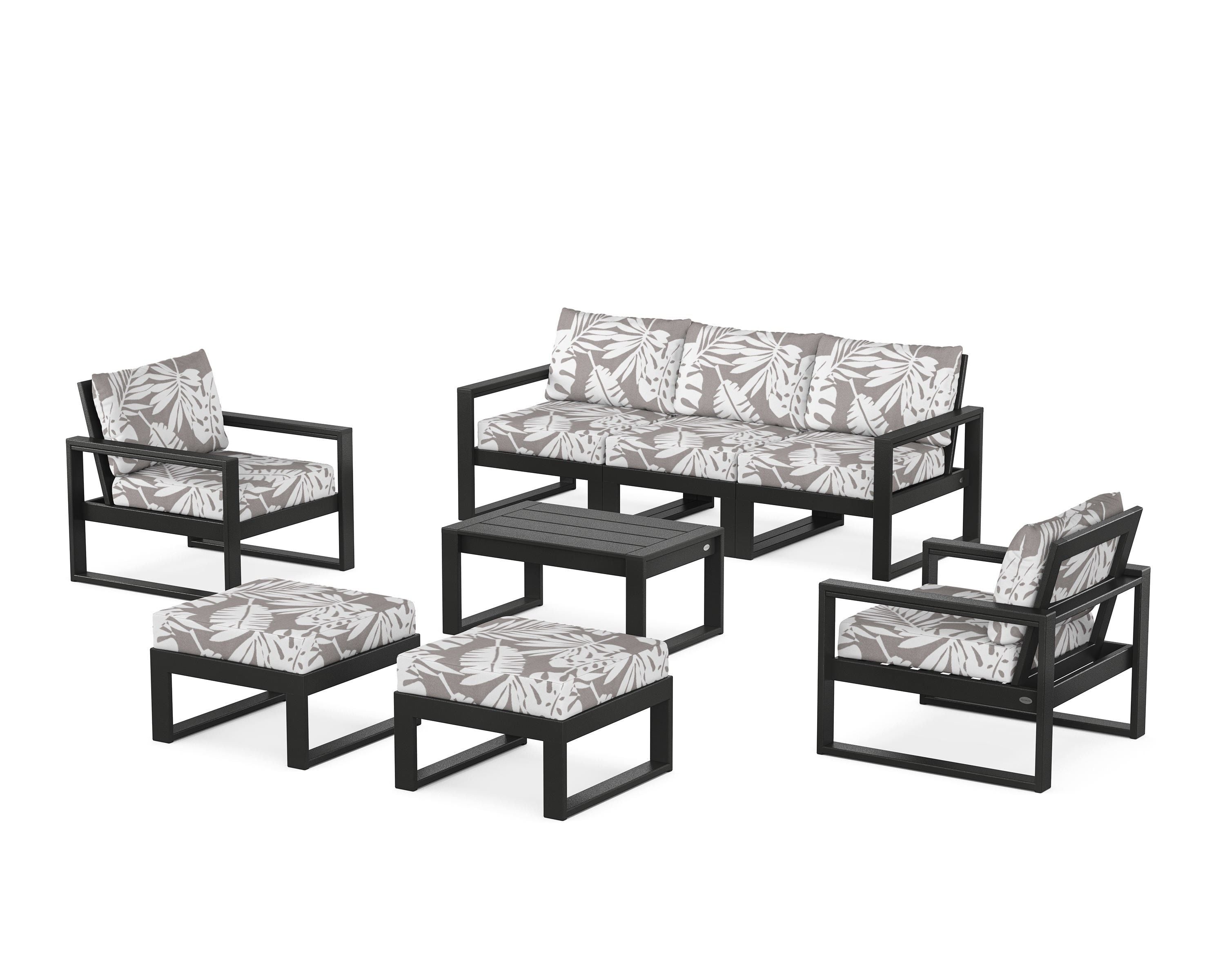 POLYWOOD® EDGE Sectional 8-Piece Lounge Sofa Set in Black / Leaf Grey Mist