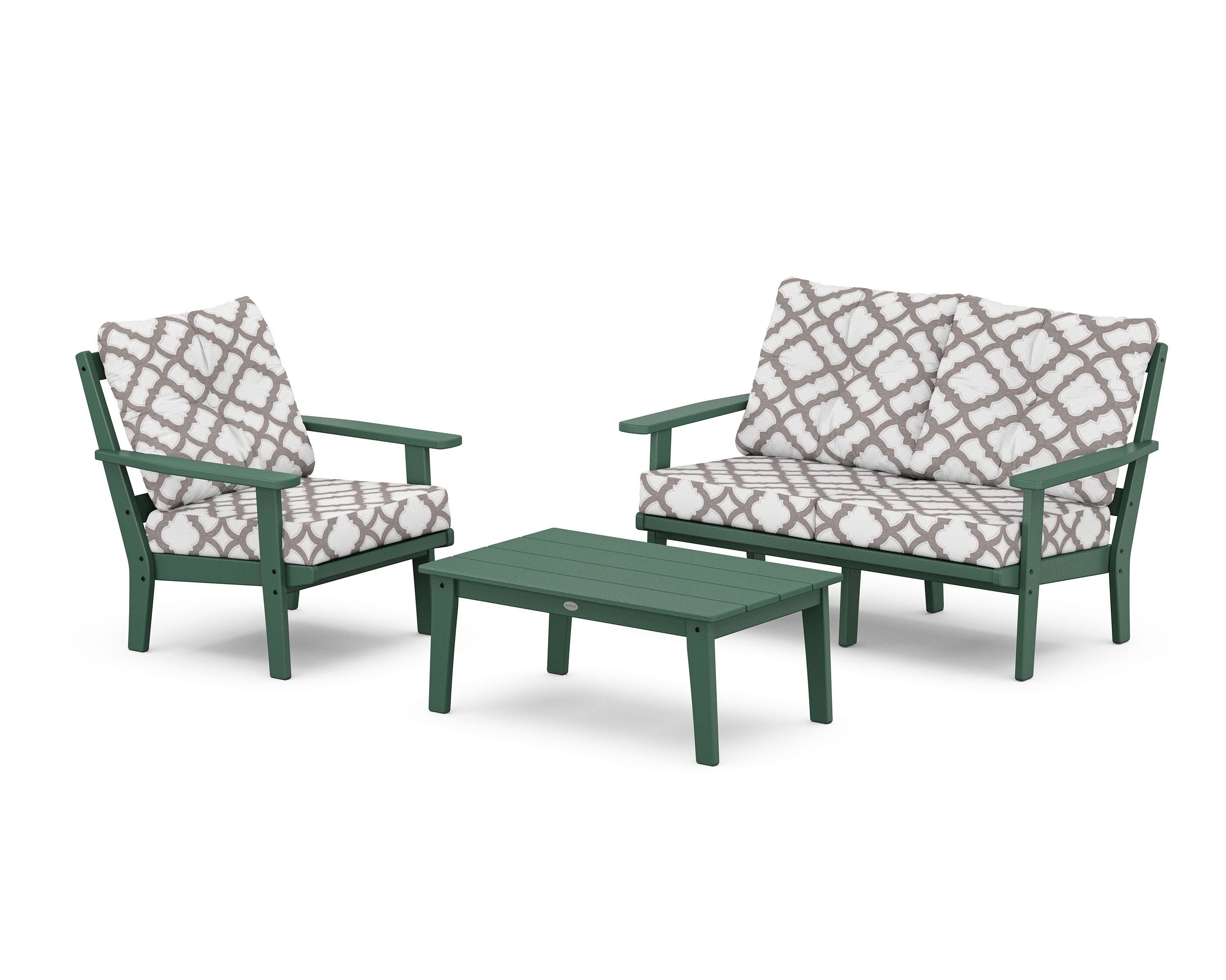 POLYWOOD® Oxford 3-Piece Deep Seating Set with Loveseat in Green / Trellis Grey Mist