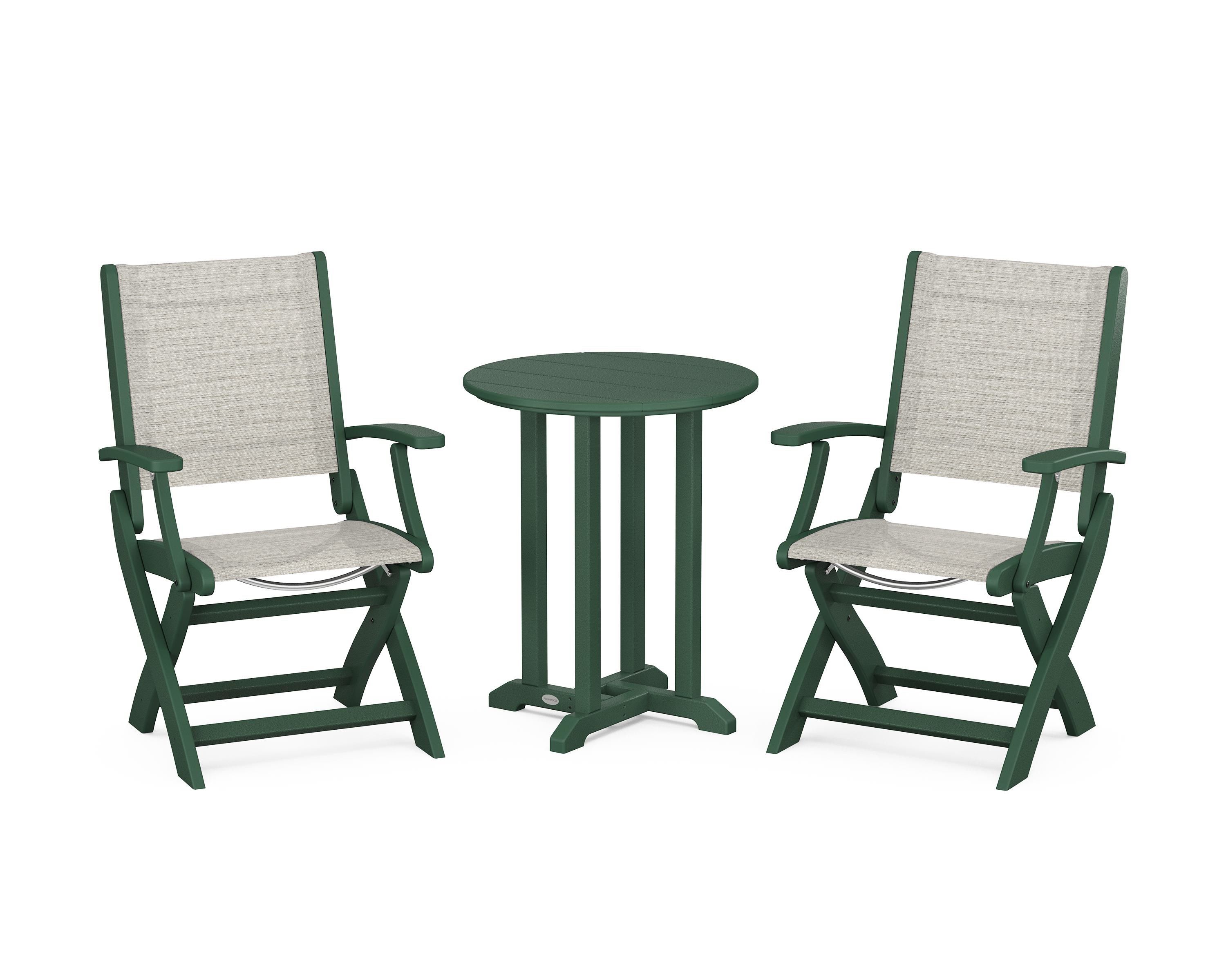 POLYWOOD® Coastal Folding 3-Piece Round Bistro Dining Set in Green / Birch Sling