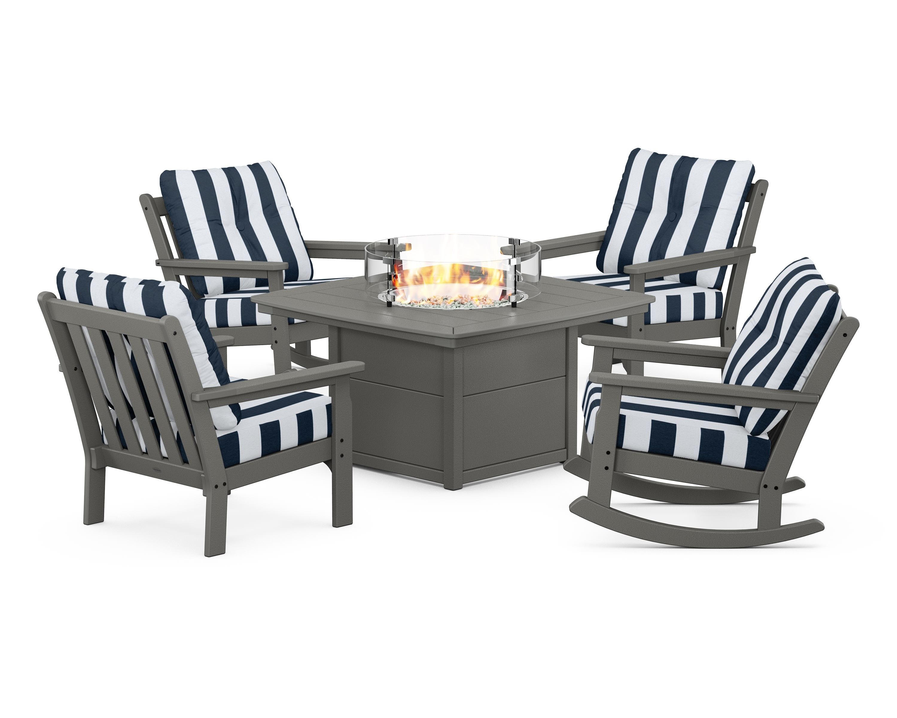 POLYWOOD® Vineyard 5-Piece Deep Seating Rocking Chair Conversation Set with Fire Pit Table in Slate Grey / Cabana Stripe Marine Indigo