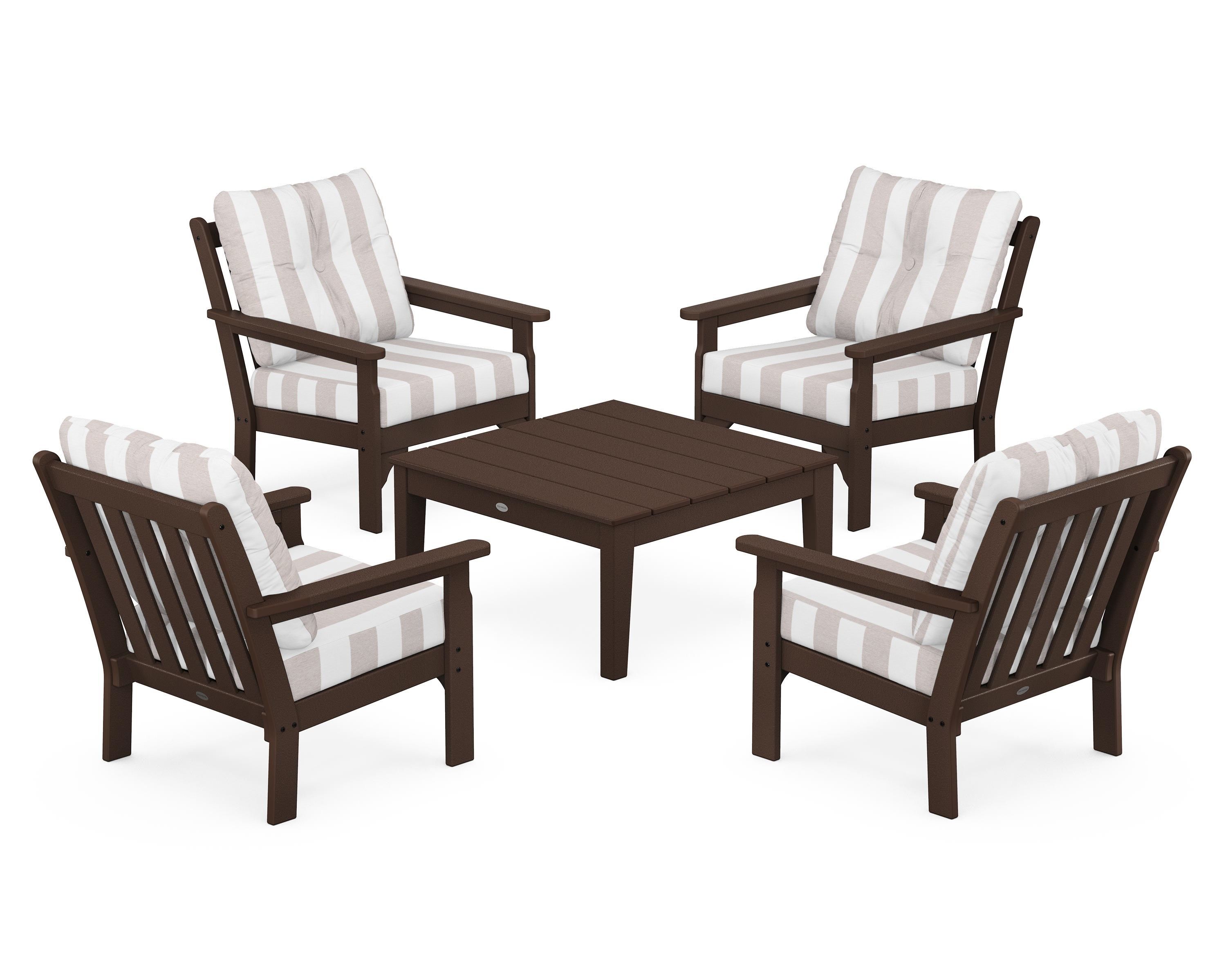 POLYWOOD® Vineyard 5-Piece Deep Seating Conversation Set in Mahogany / Cabana Stripe Dune Burlap