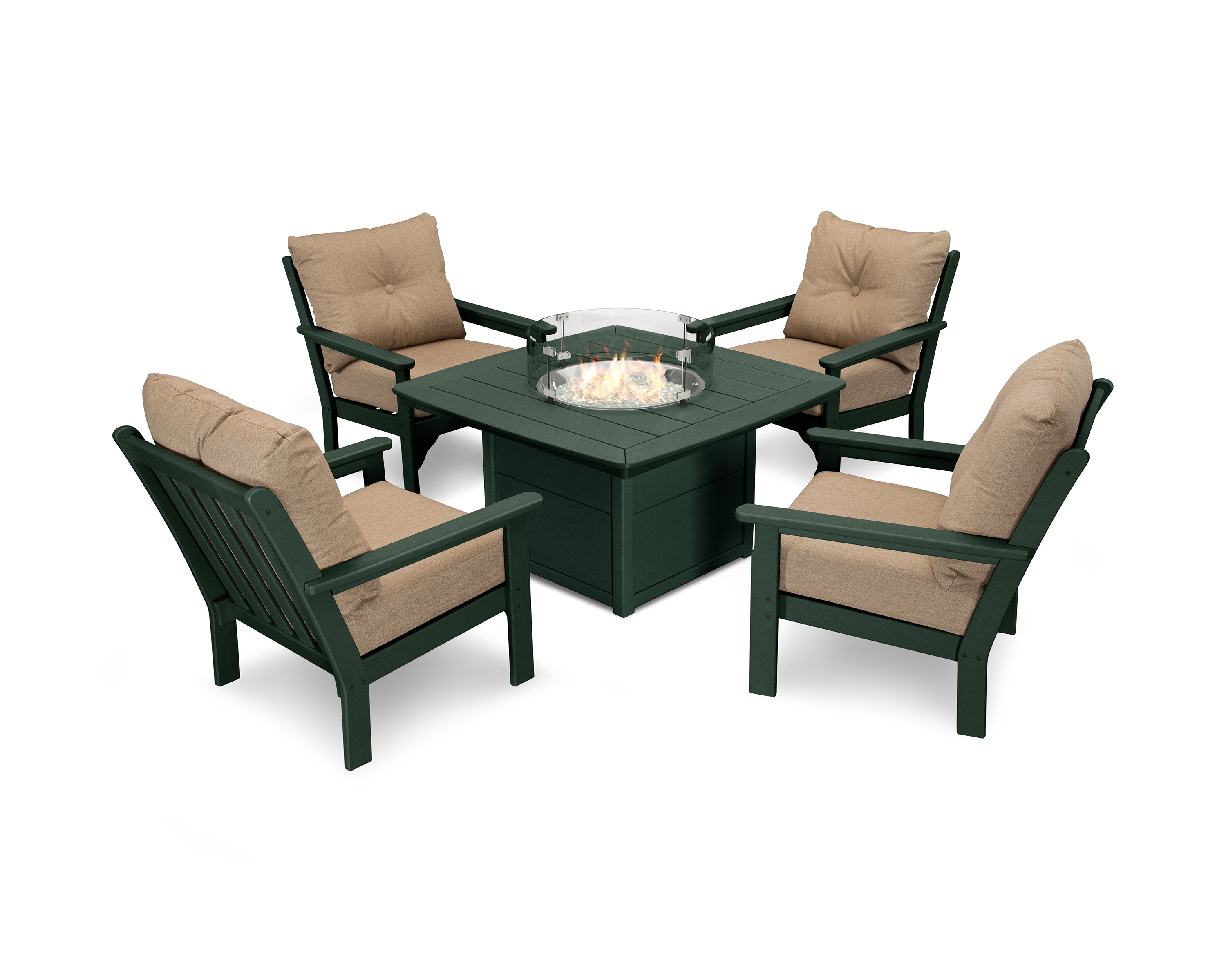 POLYWOOD® Vineyard 5-Piece Conversation Set with Fire Pit Table in Green / Sesame