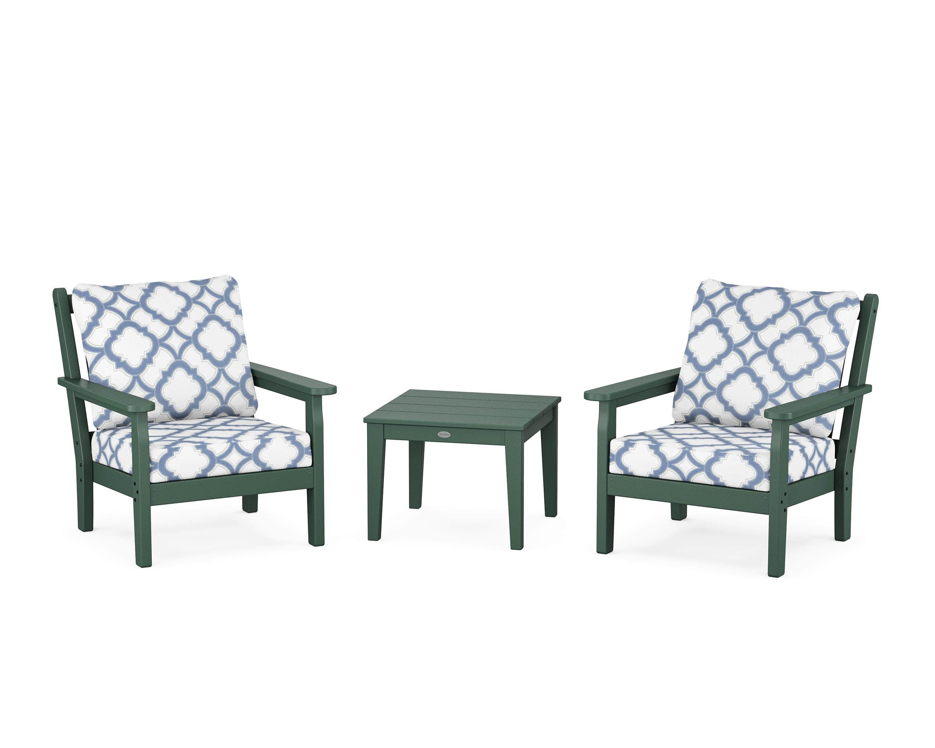 POLYWOOD® Chippendale 3-Piece Deep Seating Set in Green / Trellis Sky Blue