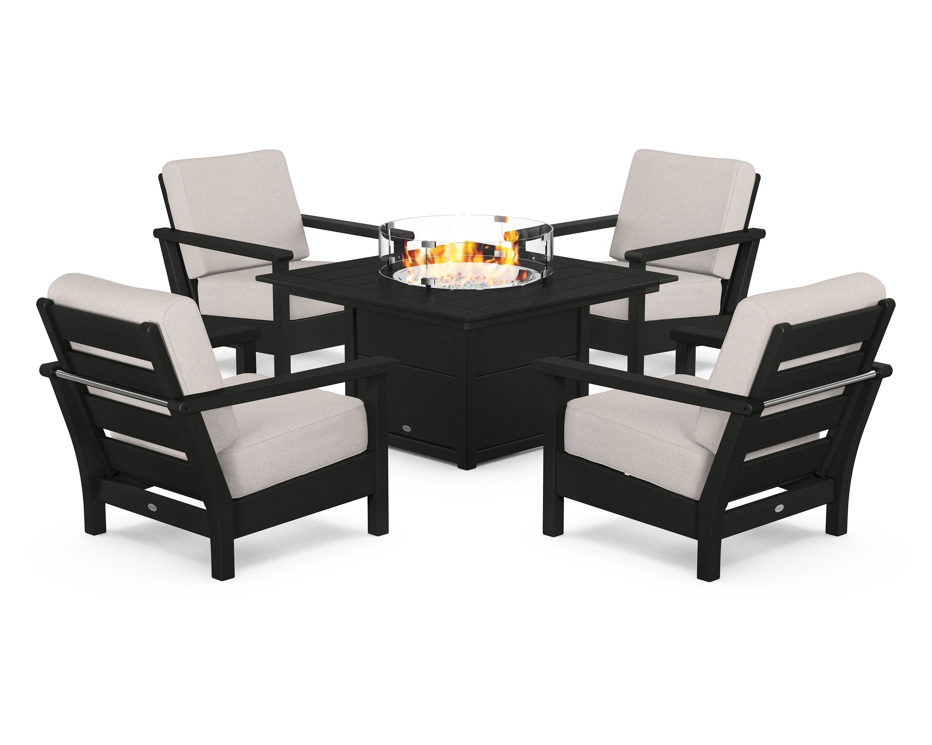 POLYWOOD® Harbour 5-Piece Conversation Set with Fire Pit Table in Black / Dune Burlap