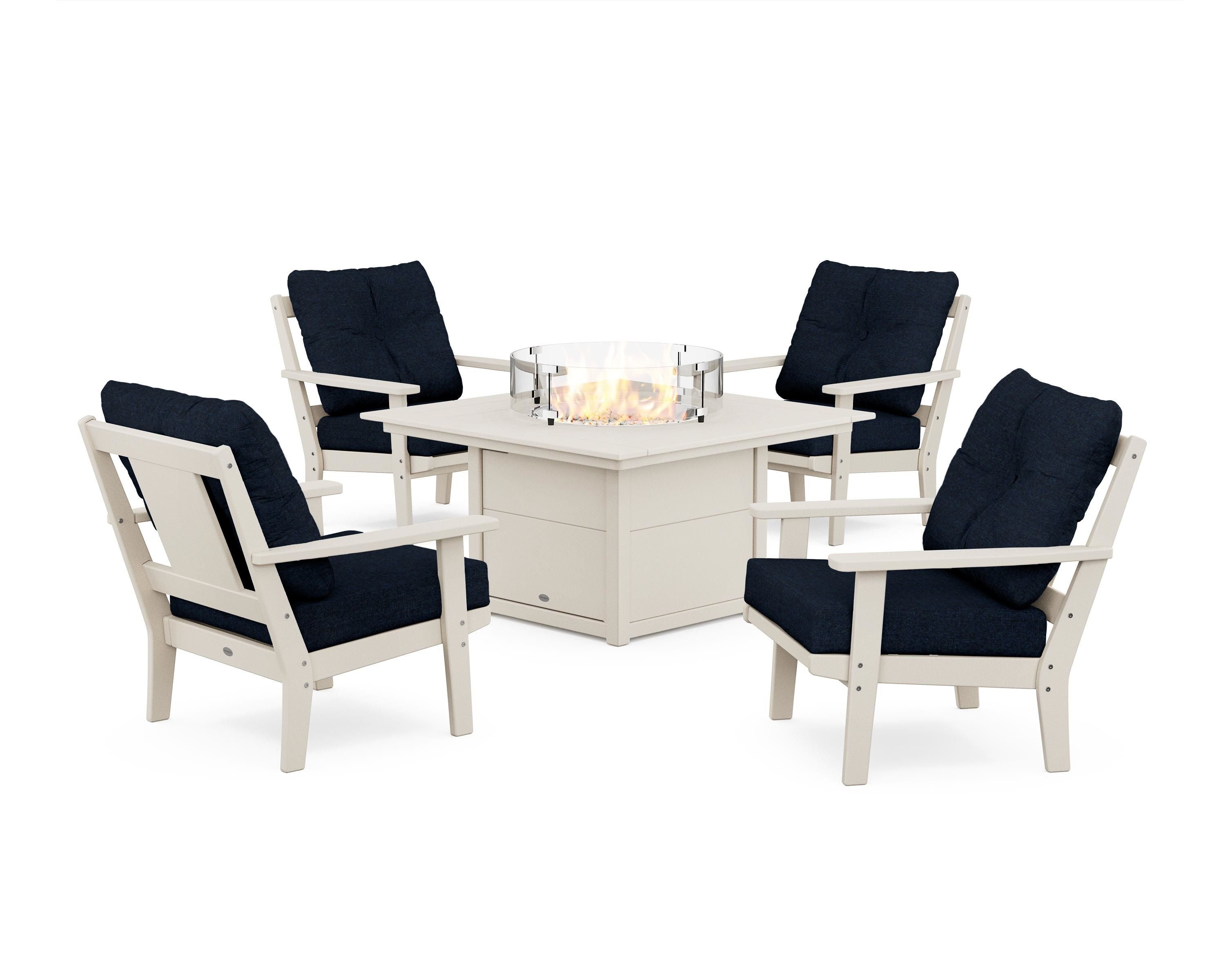 POLYWOOD® Prairie 5-Piece Deep Seating Set with Fire Pit Table in Sand / Marine Indigo