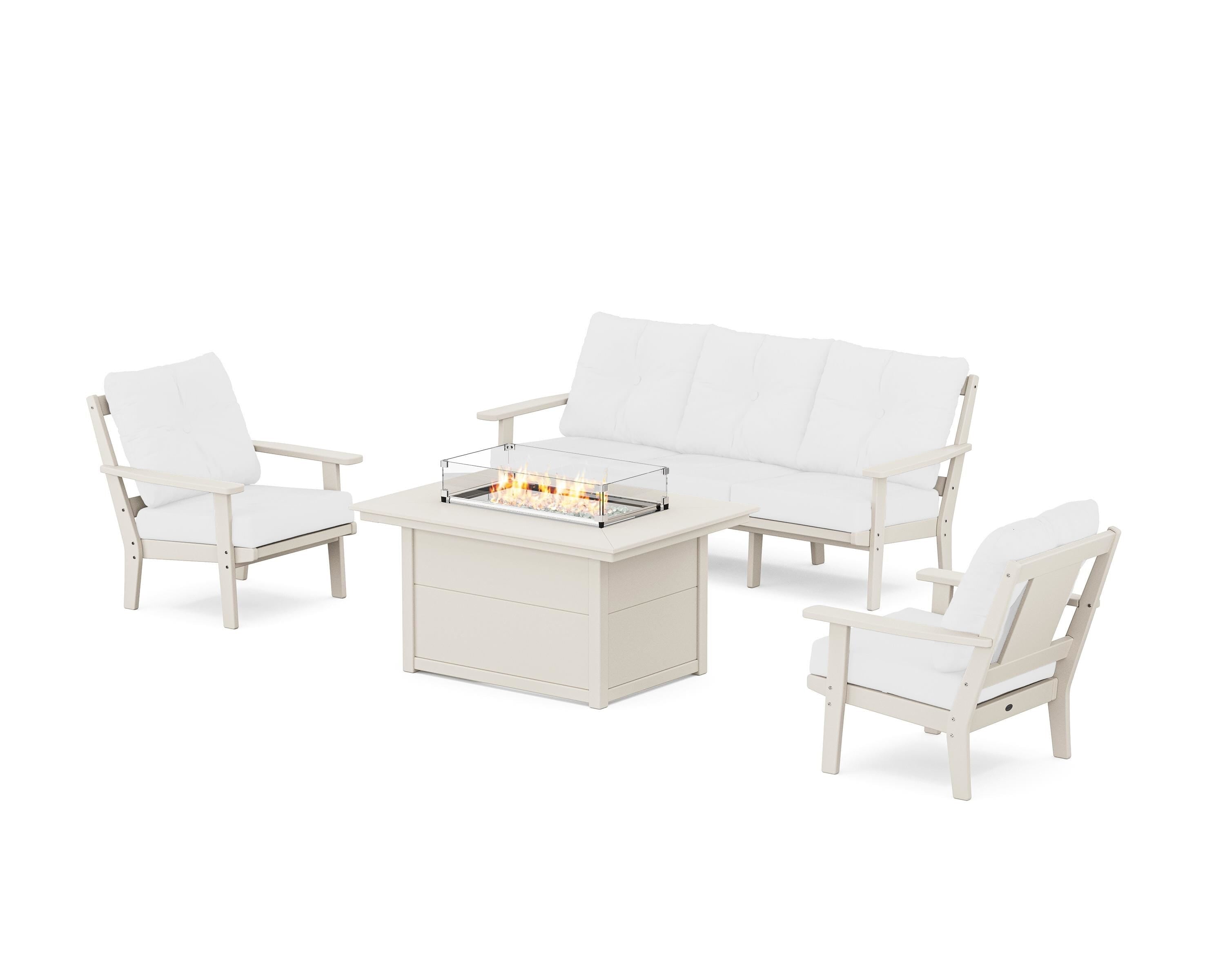 POLYWOOD® Prairie Deep Seating Fire Pit Table Set in Sand / Natural