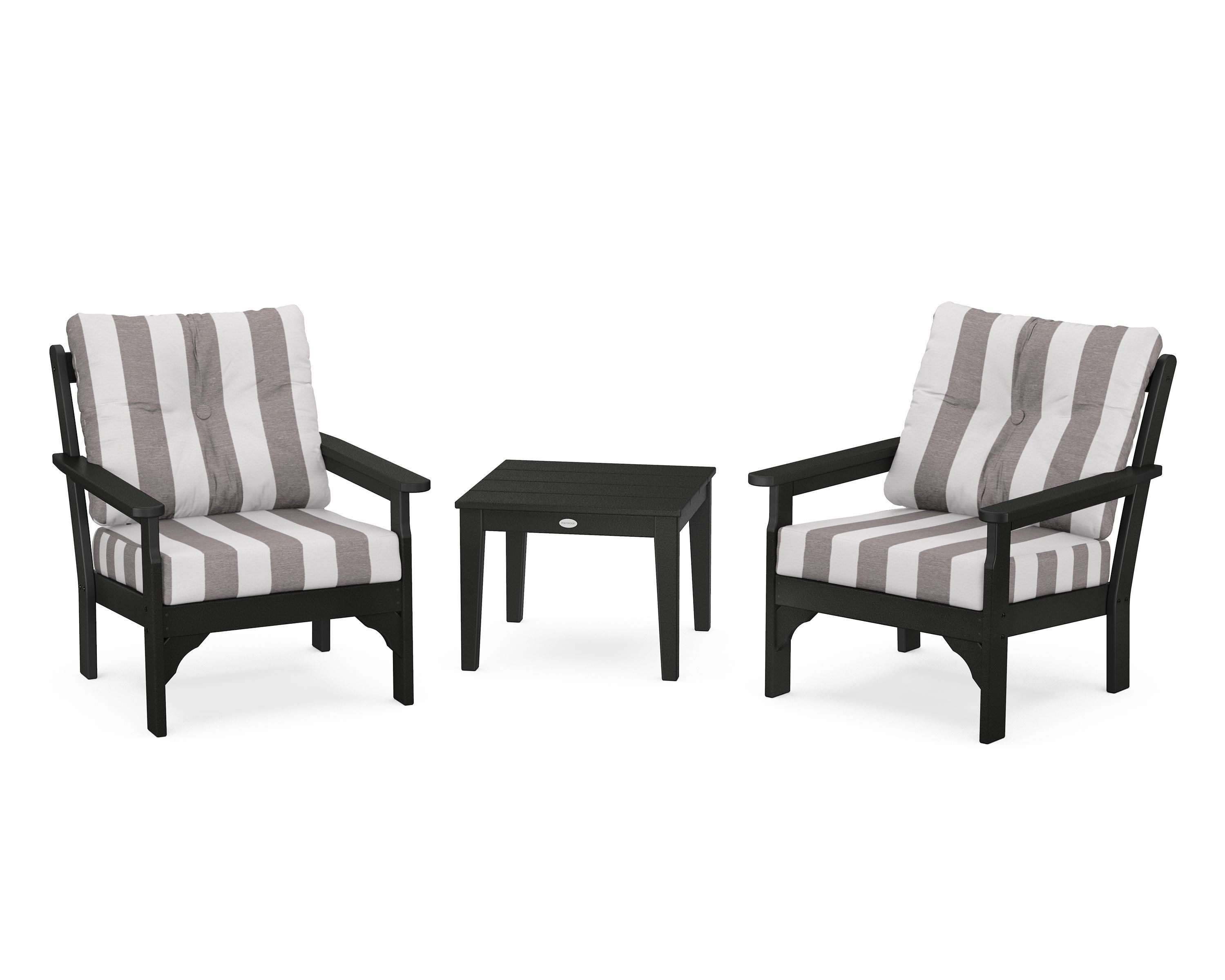 POLYWOOD® Vineyard 3-Piece Deep Seating Set in Black / Cabana Stripe Grey Mist
