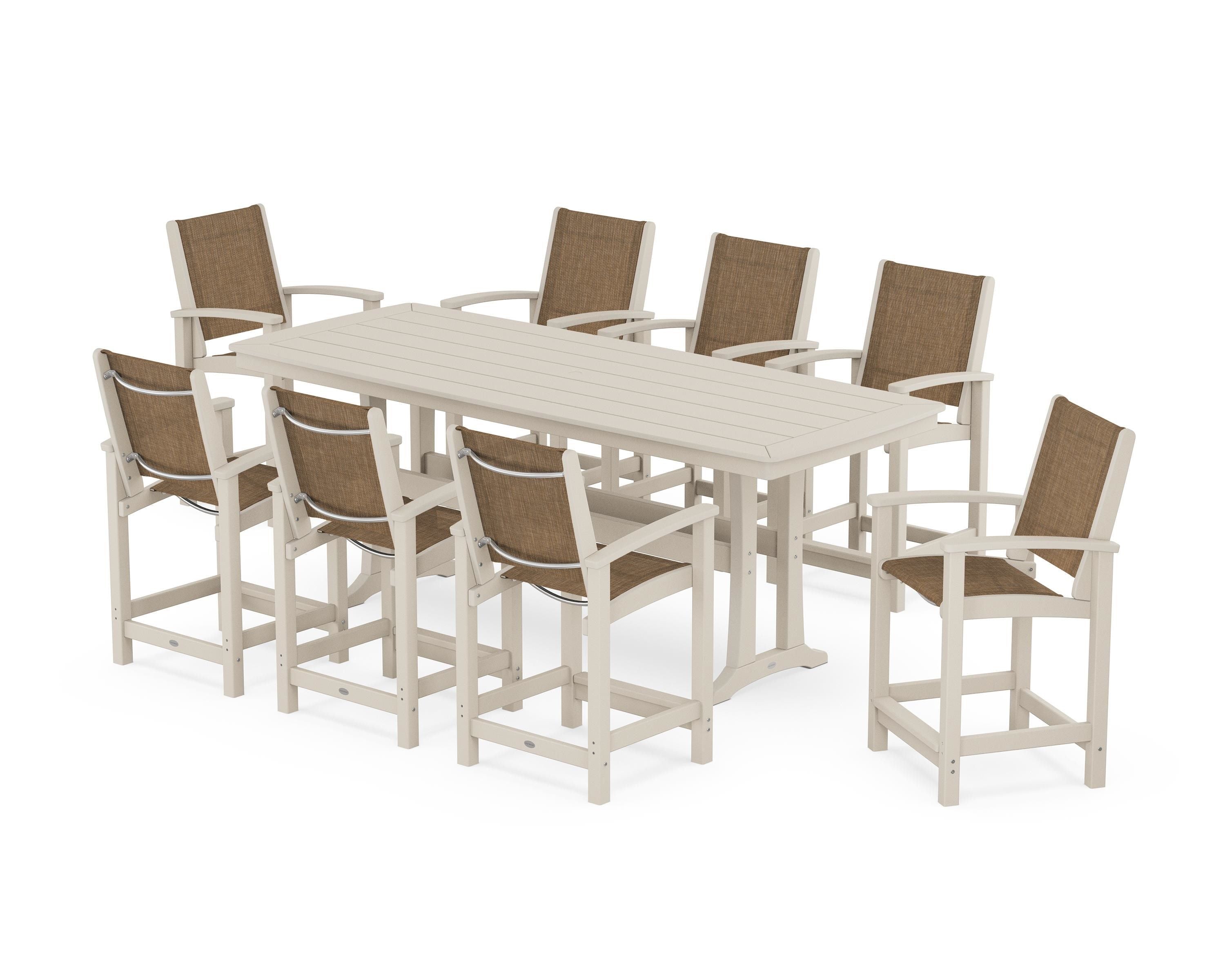 POLYWOOD® Coastal 9-Piece Counter Set with Trestle Legs in Sand / Burlap Sling