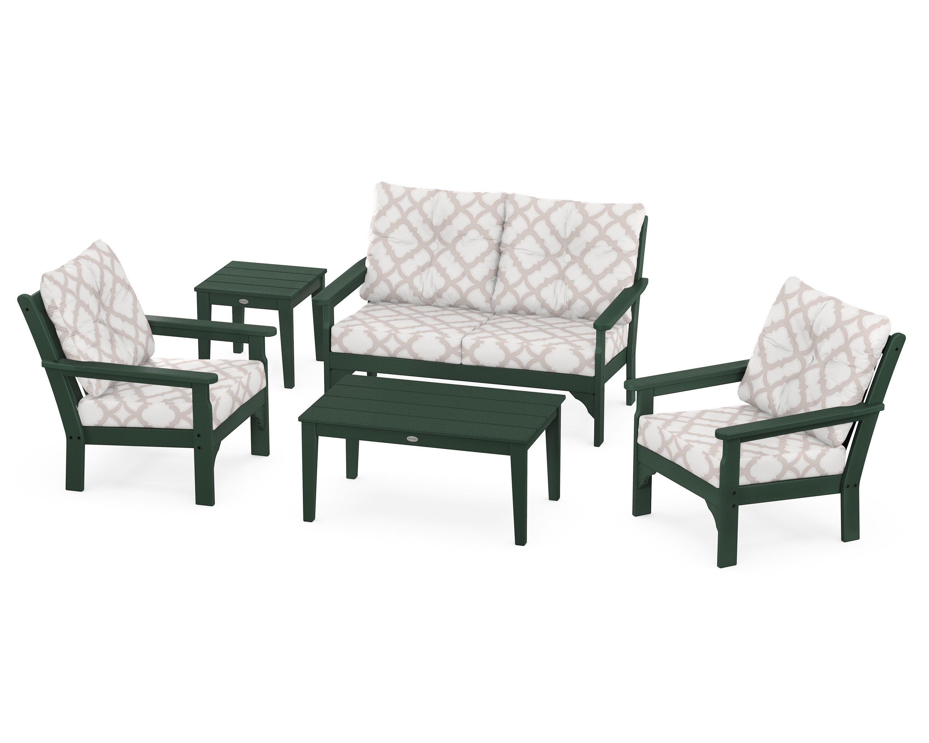 POLYWOOD® Vineyard 5-Piece Deep Seating Set in Green / Trellis Dune Burlap