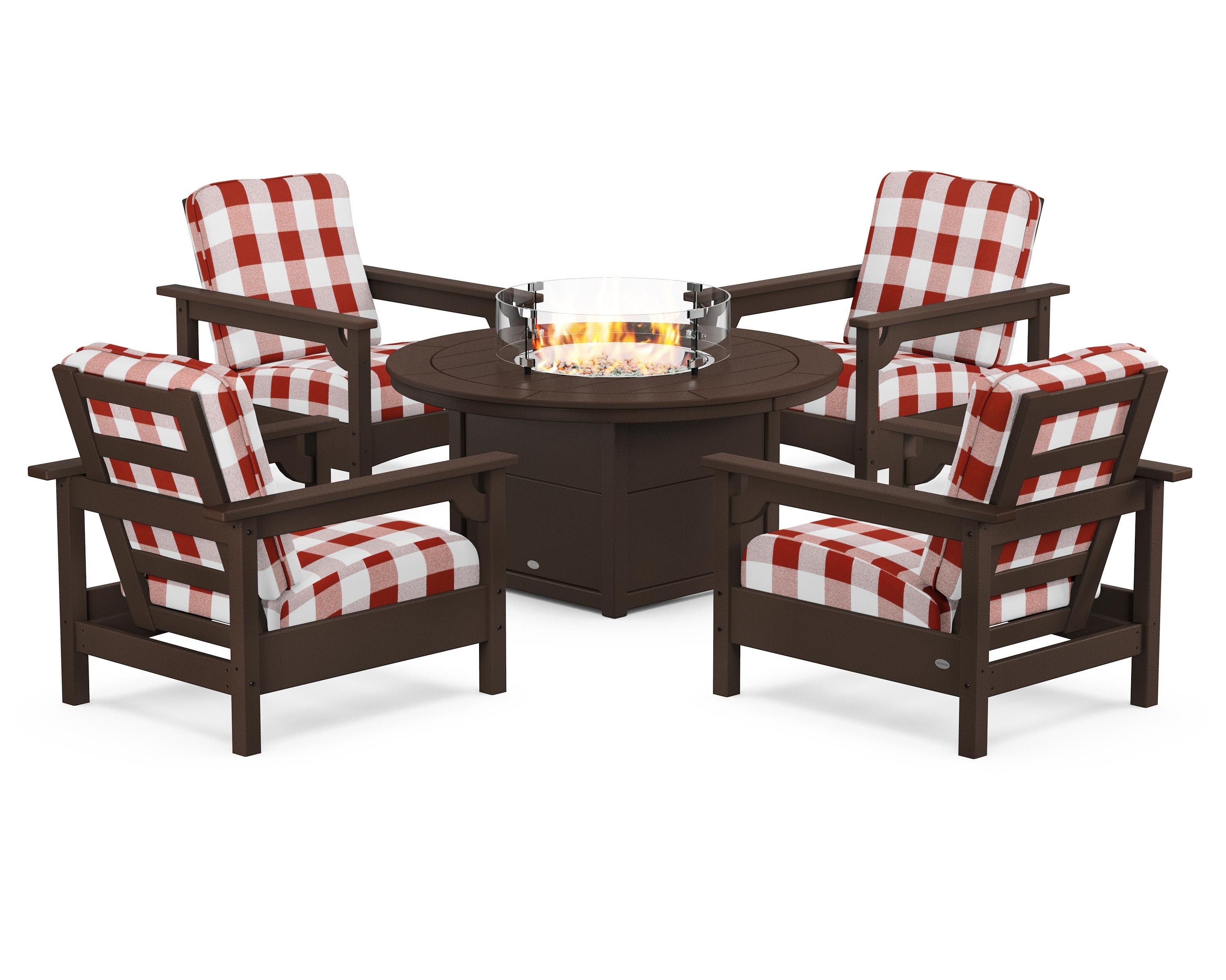 POLYWOOD® Club 5-Piece Conversation Set with Fire Pit Table in Mahogany / Buffalo Plaid Crimson