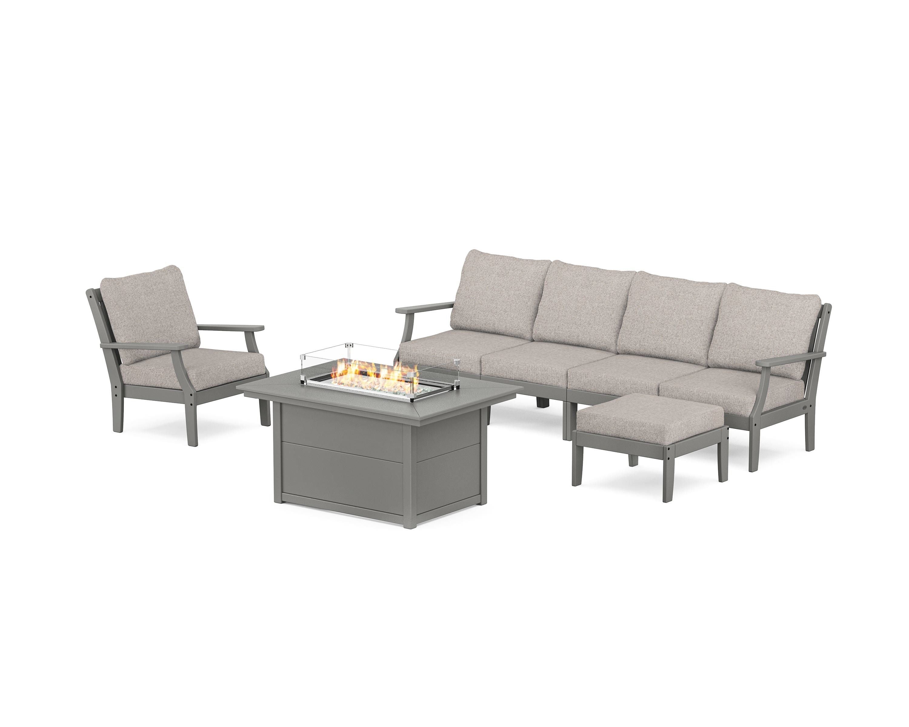 POLYWOOD® Braxton Sectional Lounge and Fire Pit Set in Slate Grey / Weathered Tweed