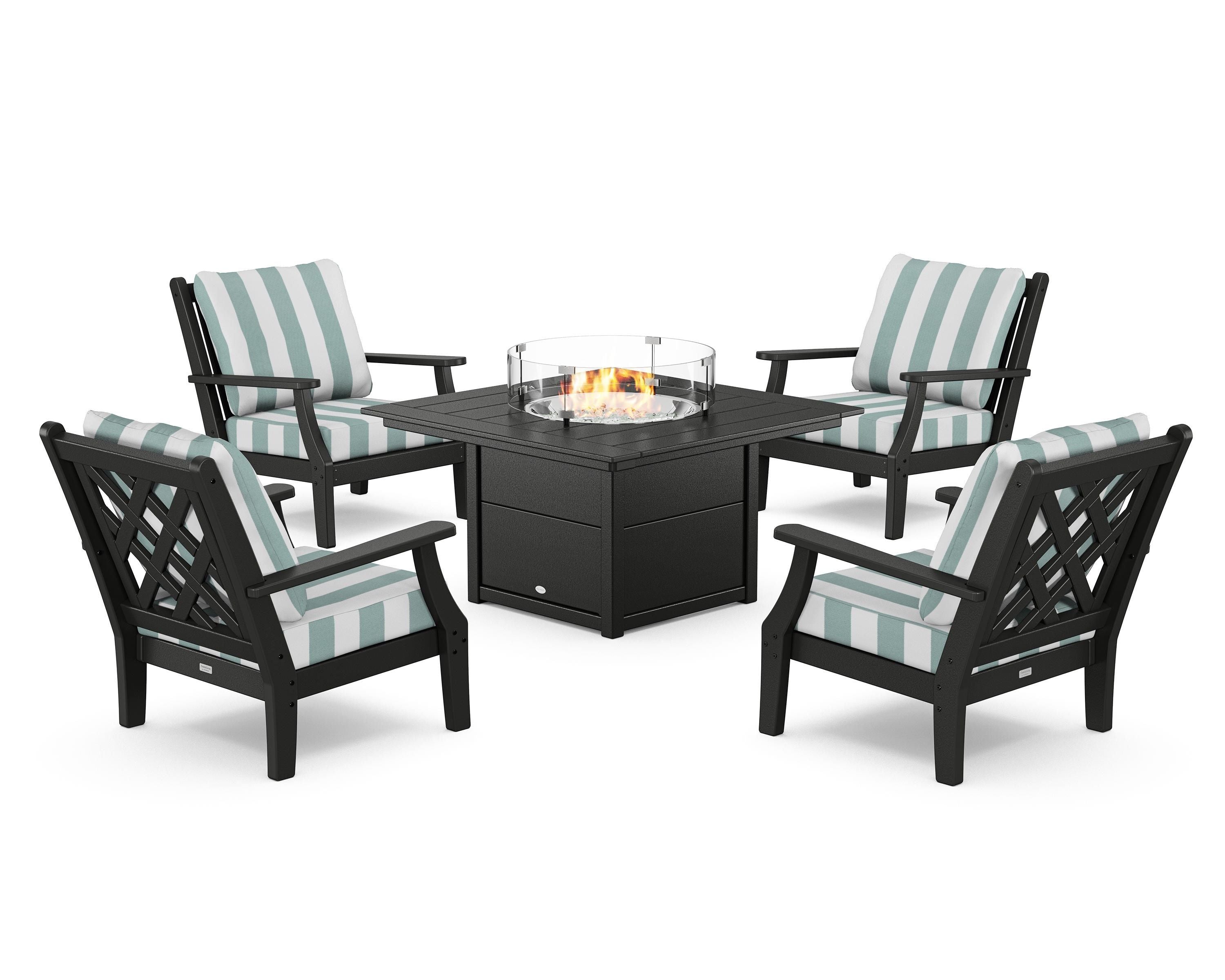 Country Living Wovendale 5-Piece Deep Seating Set with Fire Pit Table in Black / Cabana Stripe Glacier Spa