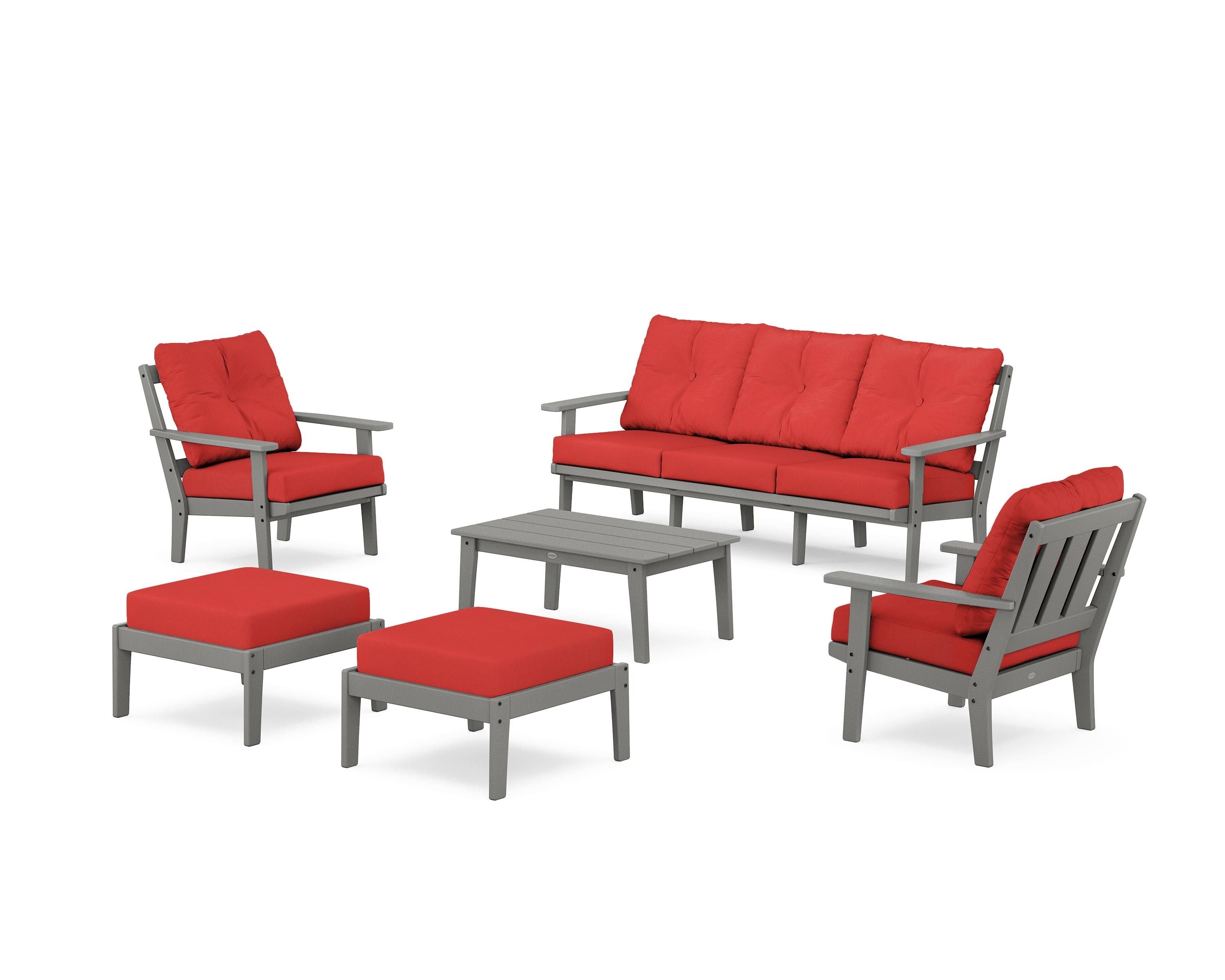 POLYWOOD® Oxford 6-Piece Lounge Sofa Set in Slate Grey / Crimson Linen