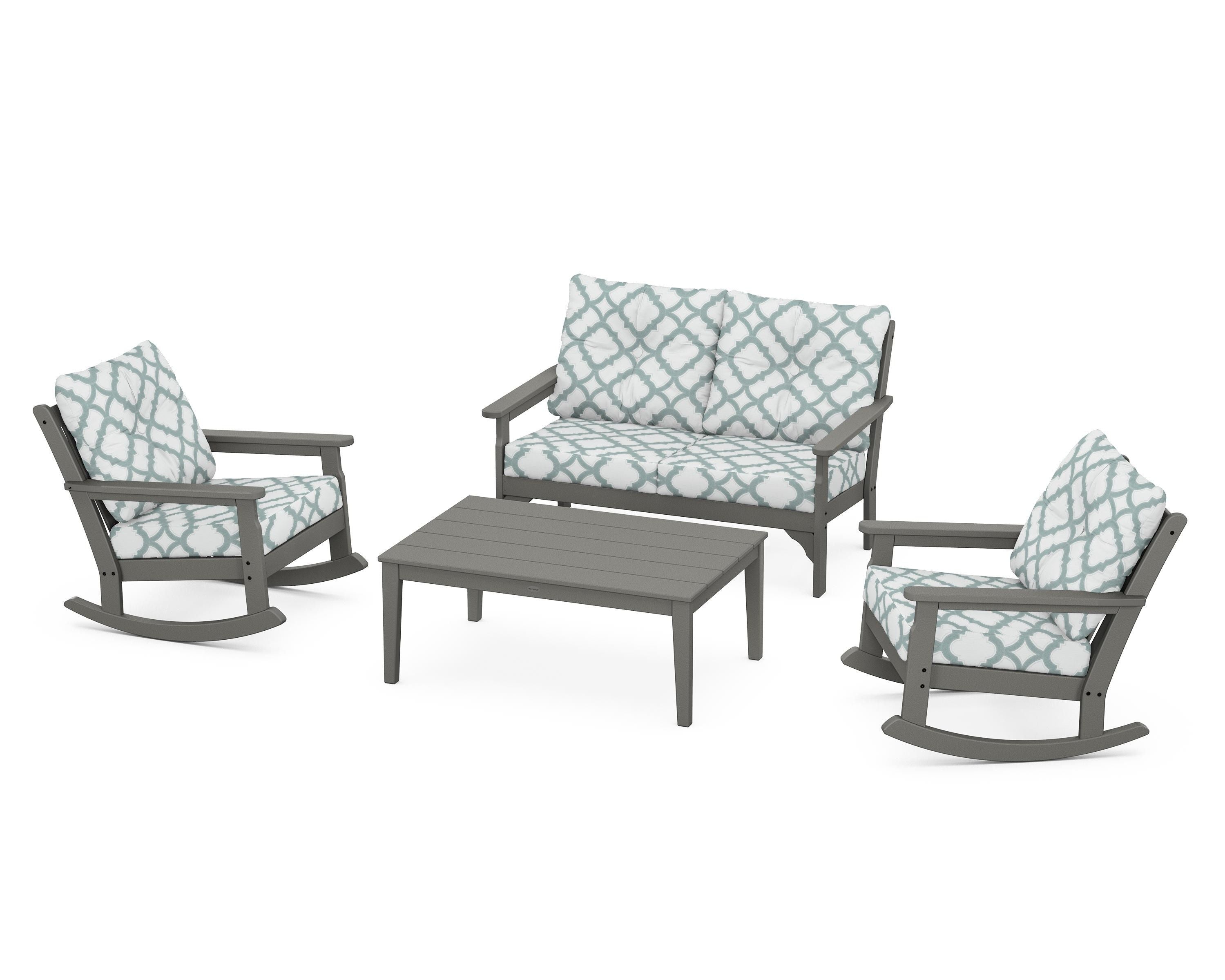 POLYWOOD® Vineyard 4-Piece Deep Seating Rocking Chair Set in Slate Grey / Trellis Glacier Spa