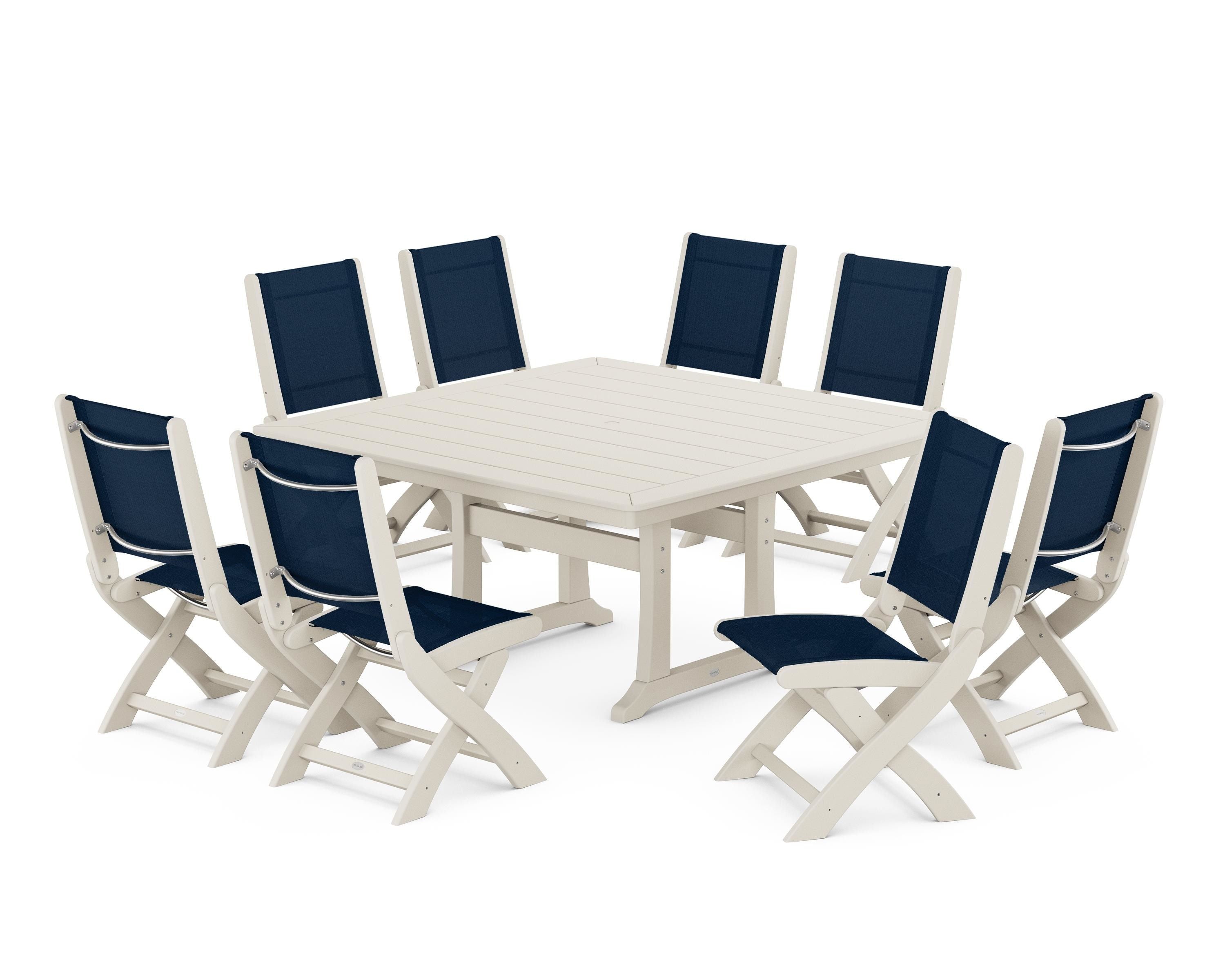 POLYWOOD® Coastal Folding Side Chair 9-Piece Dining Set with Trestle Legs in Sand / Navy Blue Sling