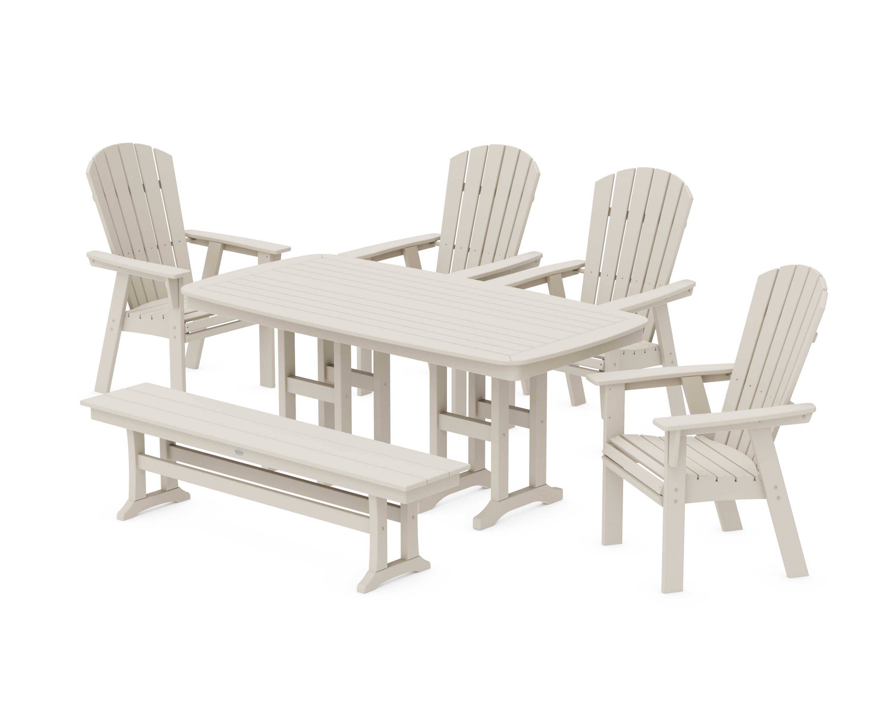 POLYWOOD® Nautical Curveback Adirondack 6-Piece Dining Set with Bench in Sand