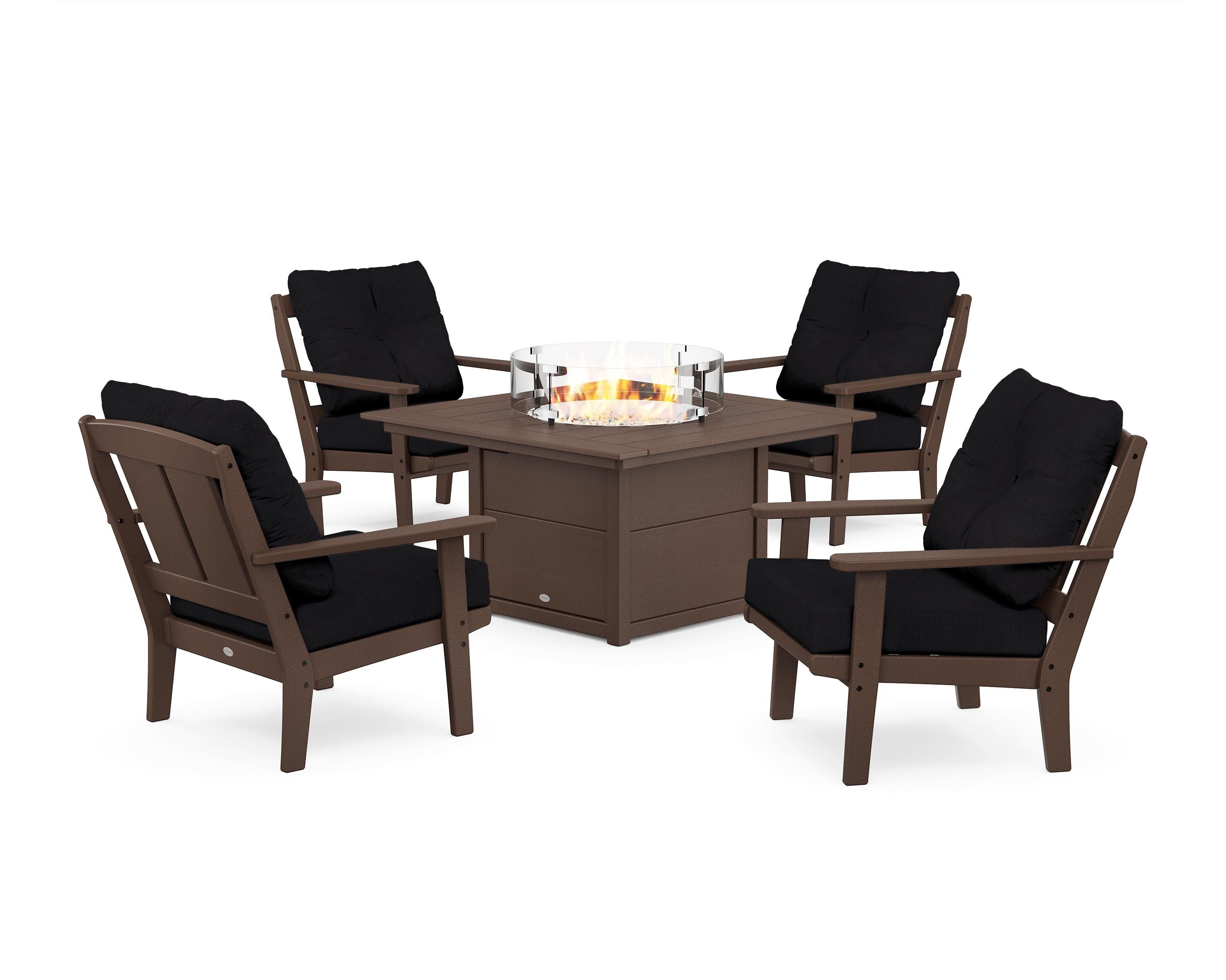 POLYWOOD® Mission 5-Piece Deep Seating Set with Fire Pit Table in Mahogany / Midnight Linen