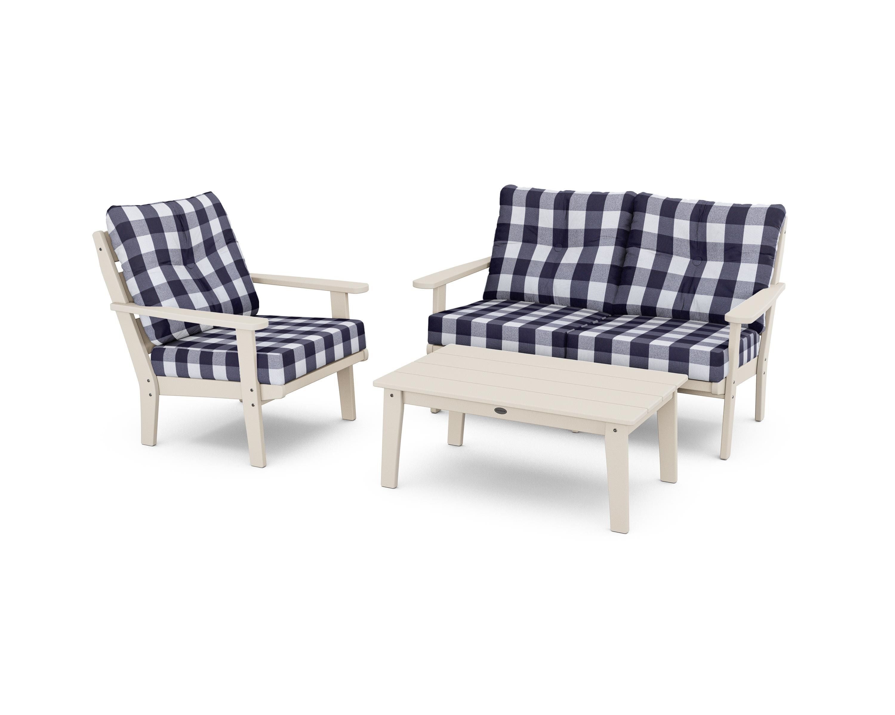 POLYWOOD® Lakeside 3-Piece Deep Seating Set in Sand / Buffalo Plaid Navy