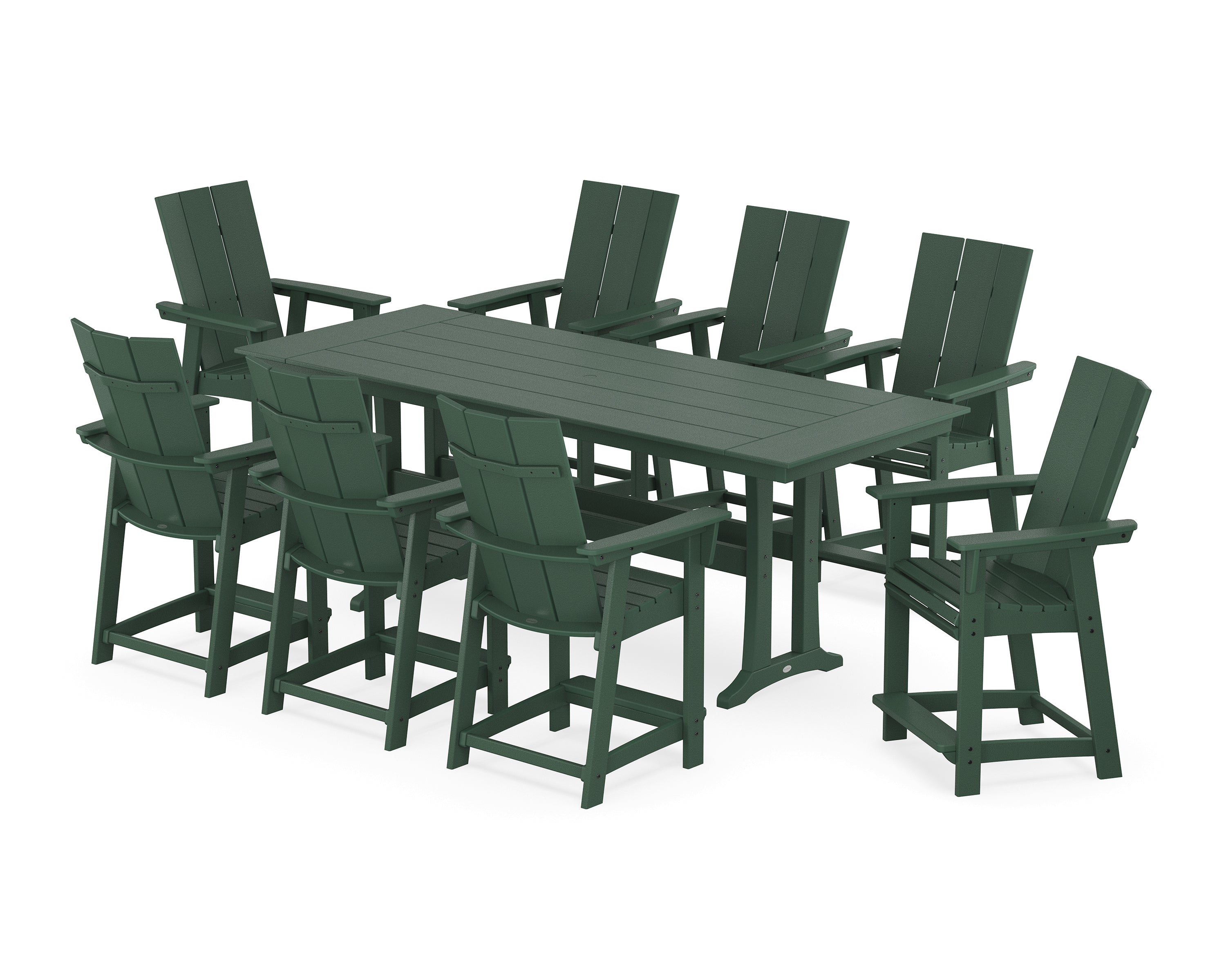 POLYWOOD® Modern Curveback Adirondack 9-Piece Farmhouse Counter Set with Trestle Legs in Green
