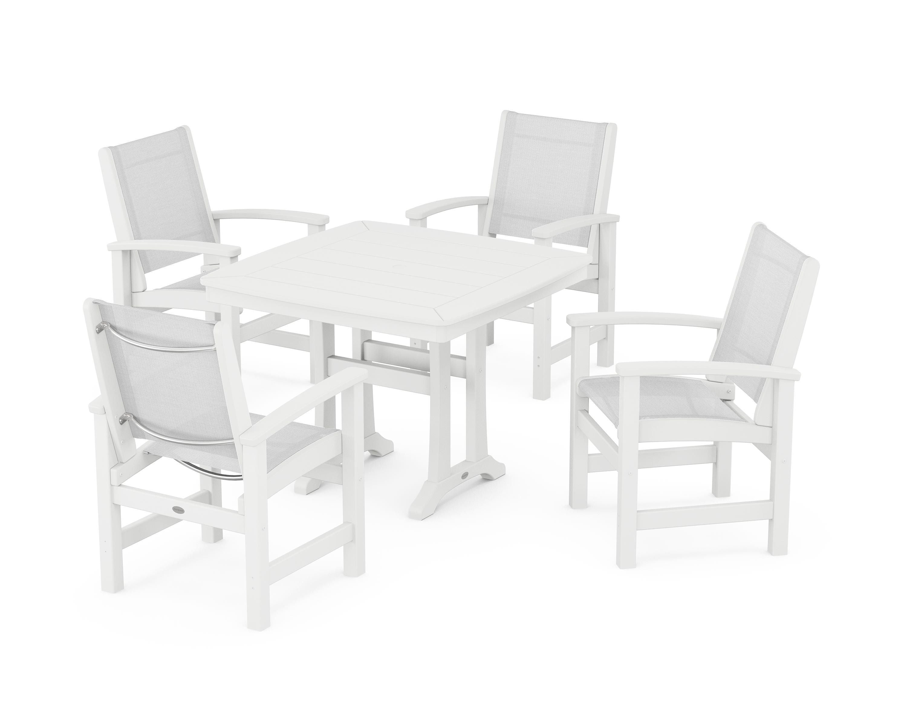 POLYWOOD® Coastal 5-Piece Dining Set with Trestle Legs in White / White Sling