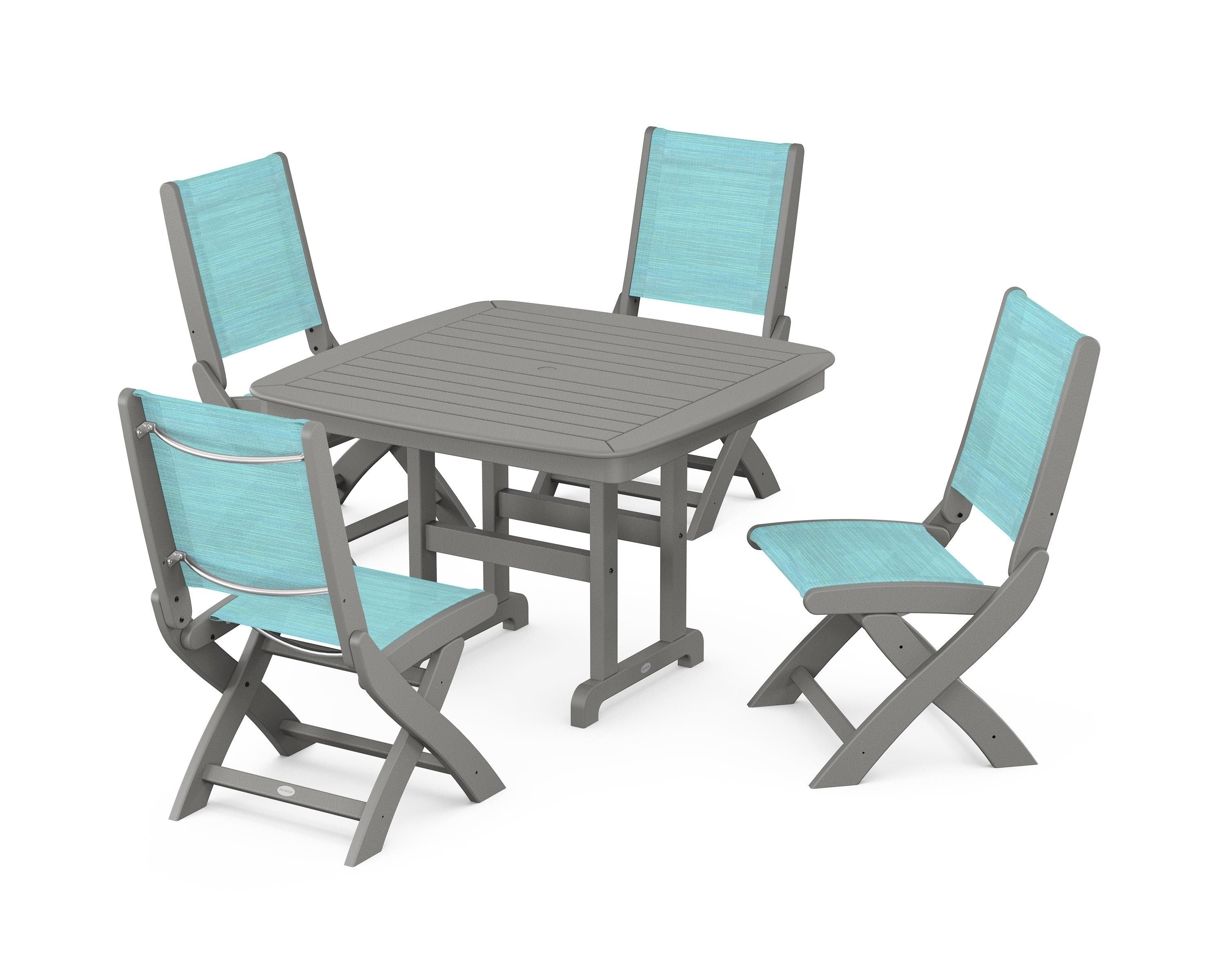 POLYWOOD® Coastal Folding Side Chair 5-Piece Dining Set in Slate Grey / Dupioni Aquamarine Sling