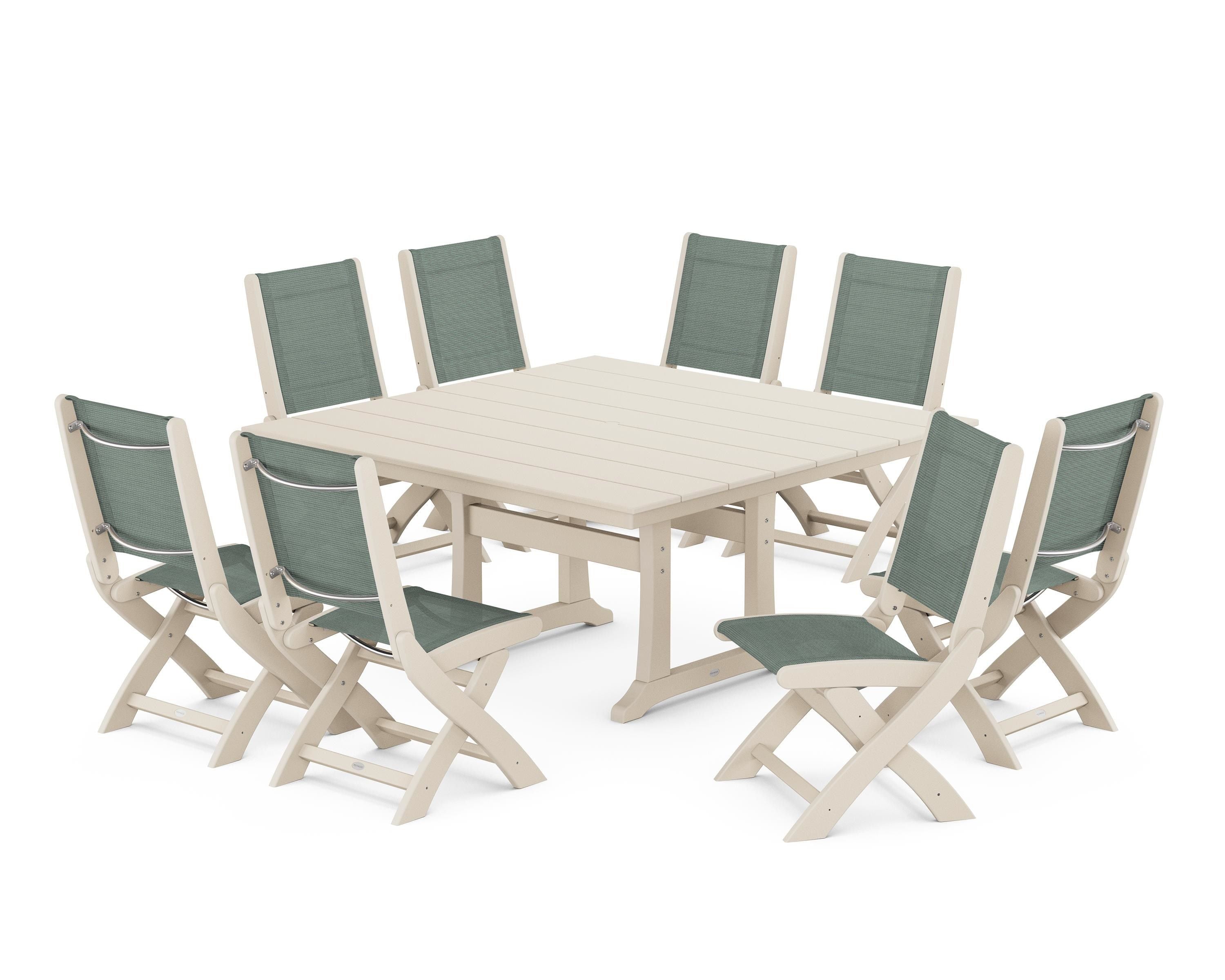 POLYWOOD® Coastal Folding Side Chair 9-Piece Farmhouse Dining Set in Sand / Dupioni Sea Mist Sling
