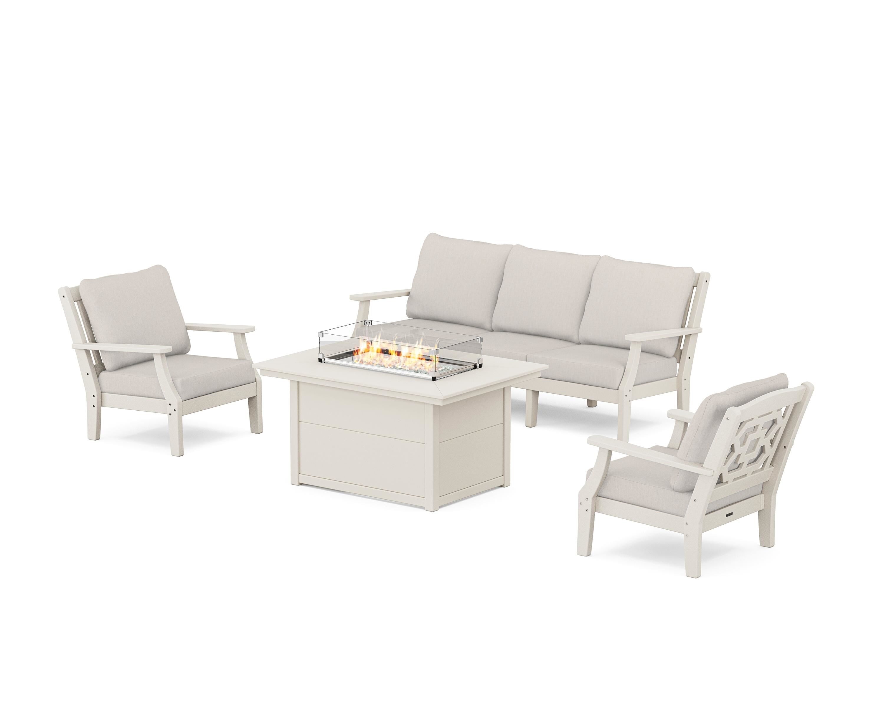 Martha Stewart by POLYWOOD® Chinoiserie Deep Seating Fire Pit Table Set in Sand / Cast Ash