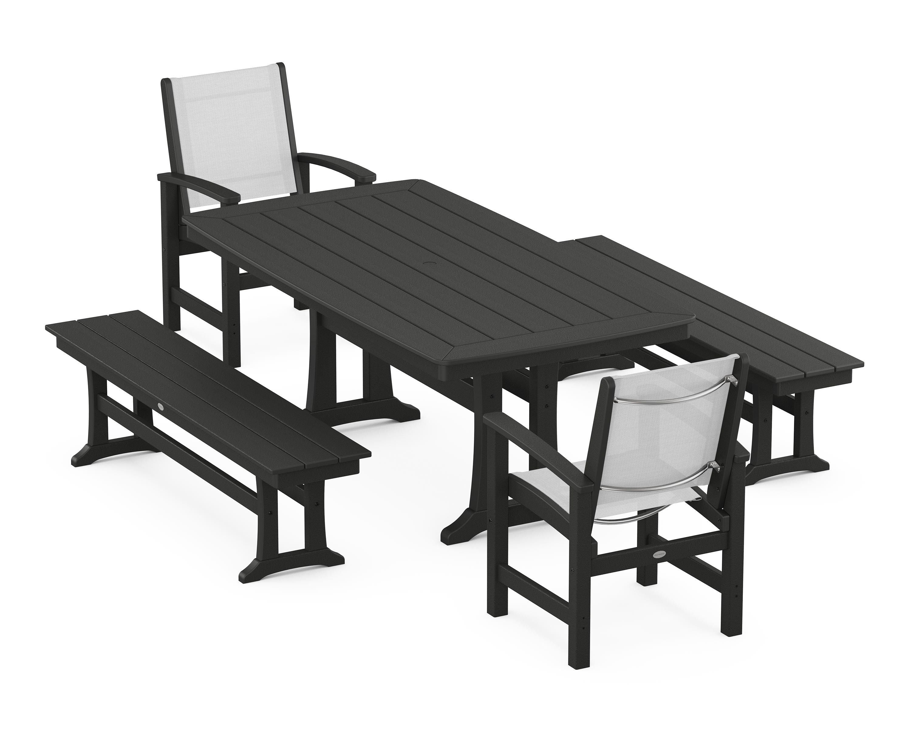 POLYWOOD® Coastal 5-Piece Dining Set with Trestle Legs and Benches in Black / White Sling