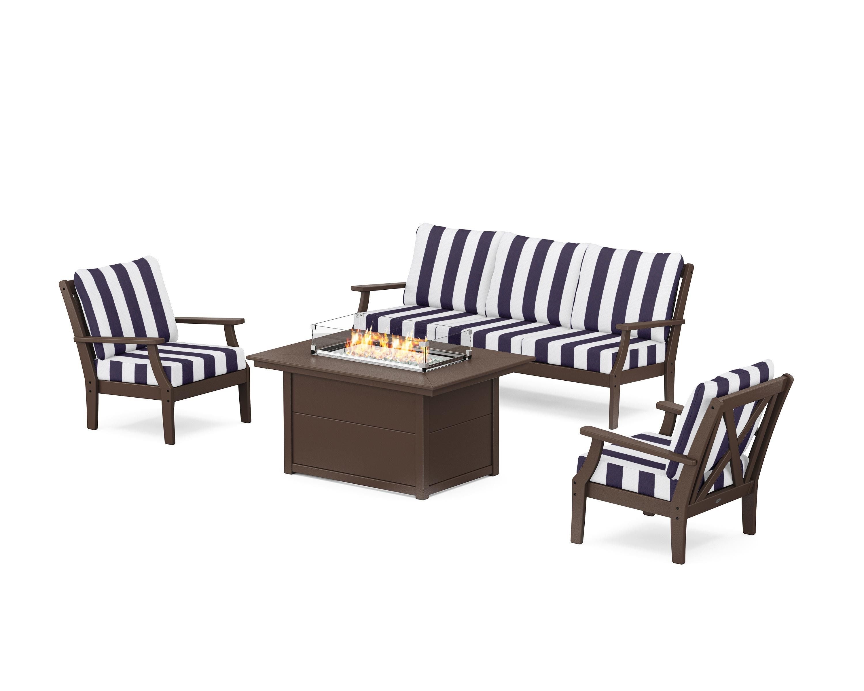 POLYWOOD® Braxton Deep Seating Fire Pit Table Set in Mahogany / Cabana Stripe Navy