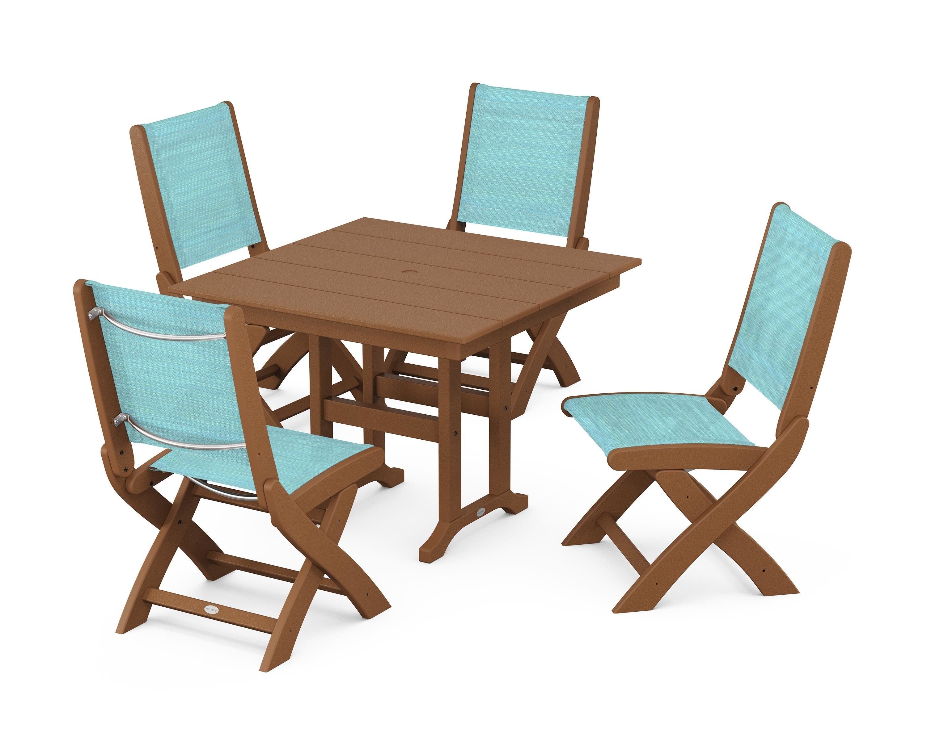 POLYWOOD® Coastal Folding Side Chair 5-Piece Farmhouse Dining Set in Teak / Dupioni Aquamarine Sling