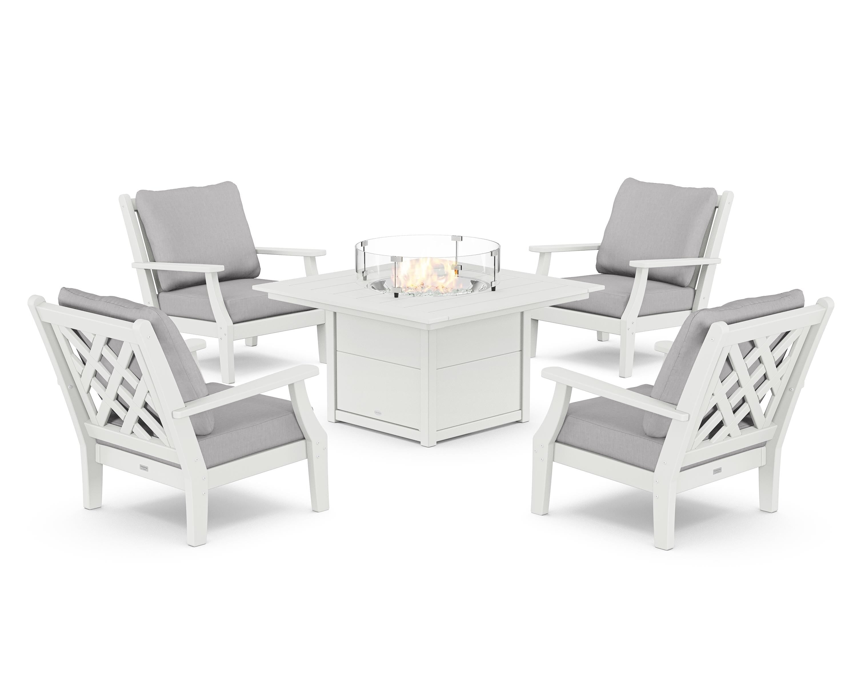 Country Living Wovendale 5-Piece Deep Seating Set with Fire Pit Table in White / Granite