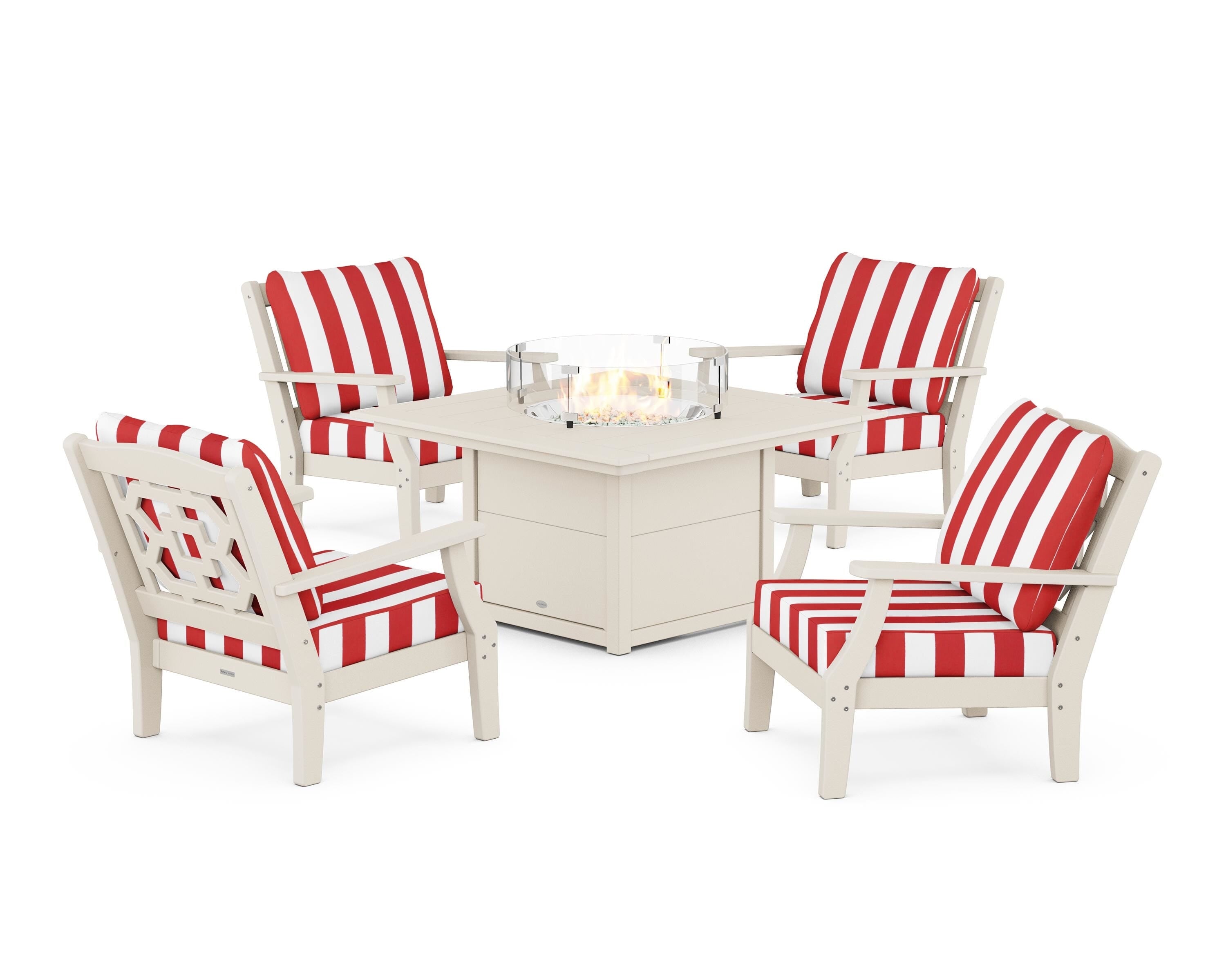 Martha Stewart by POLYWOOD® Chinoiserie 5-Piece Deep Seating Set with Fire Pit Table in Sand / Cabana Stripe Crimson